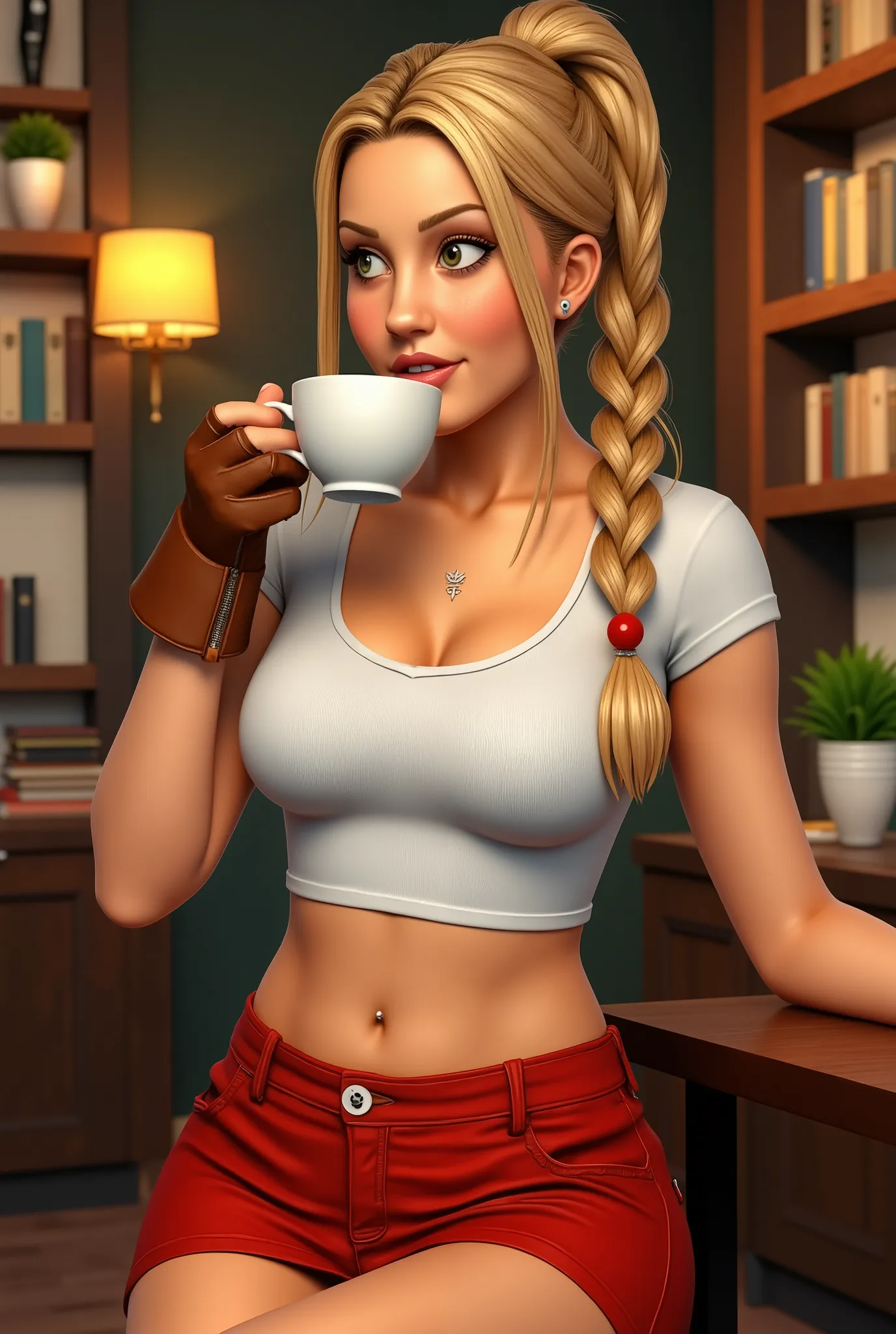 , 1 Frau , solo , reife Frau , kdecc , (slim and slim body) , gelbes Haar , hoher Pferdeschwanz , braided ponytail , (Gesichtsfleck) , Halskette , white crop top , tight-fitting red undershirt , very small breasts , (Unterbrust sichtbar) , Bauch , roter Ro...