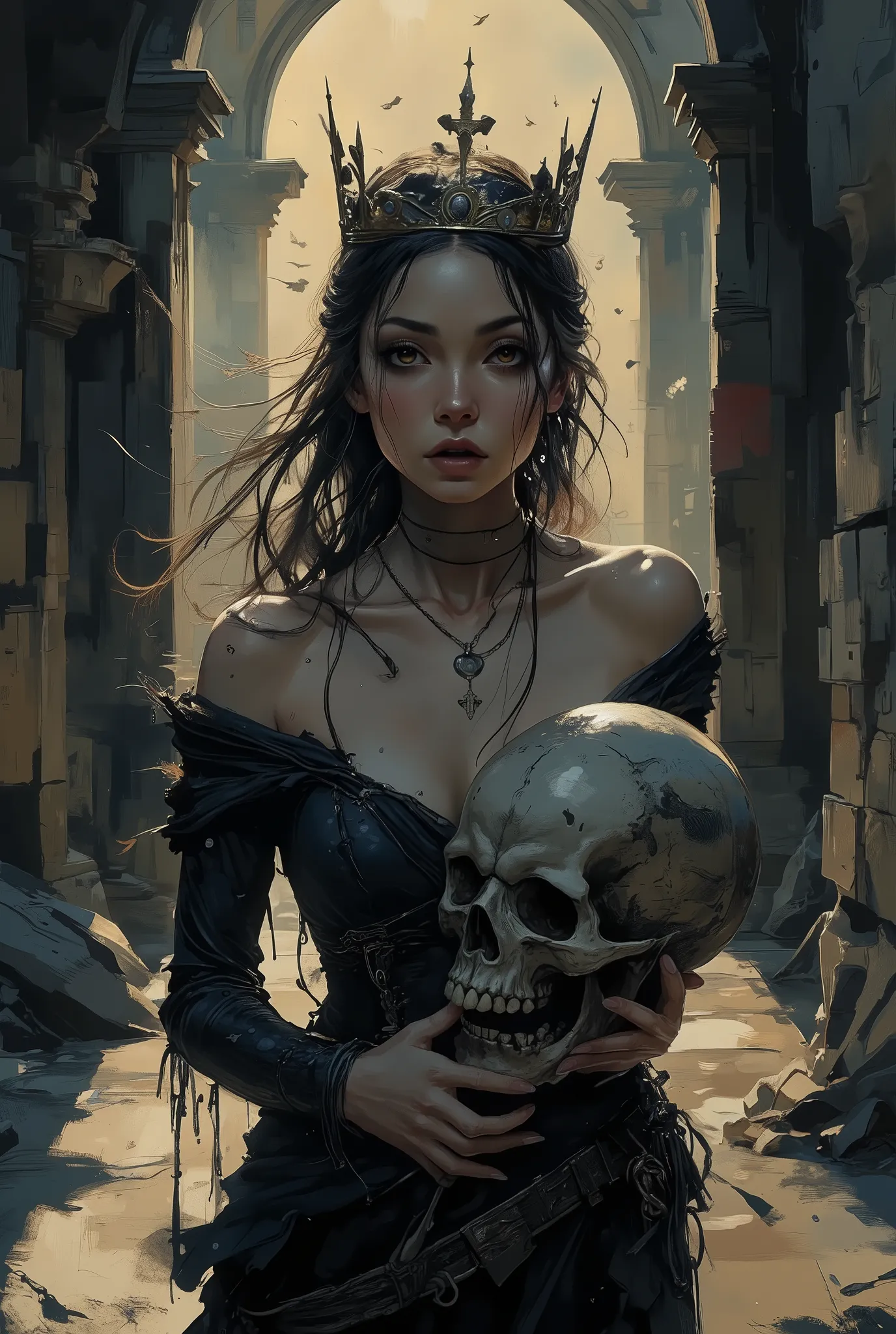 Score_9, score_8_up, score_7_up, ((highest quality)), ((masterpiece)), Perfect Face, (High definition), (Best Shadow). Comic sex art, Luis Royo's style, A suggestive scene with a beautiful Queen, standing pose, in a dramatic environment. She is holding the...