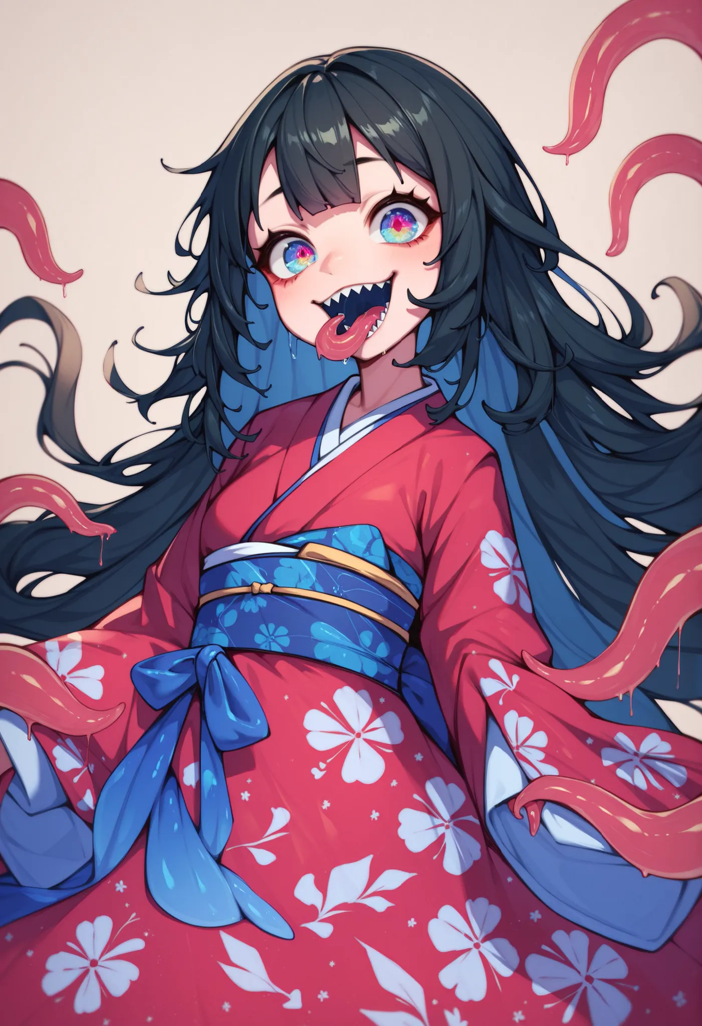 Slime monster girl. Big eyes. Rainbow eyes. Black hair. Half of face hidden. Shark teeth. Melted body. Japanese kimono dress. Slime tentacles. Tentacles with mouths. Strange mouth.