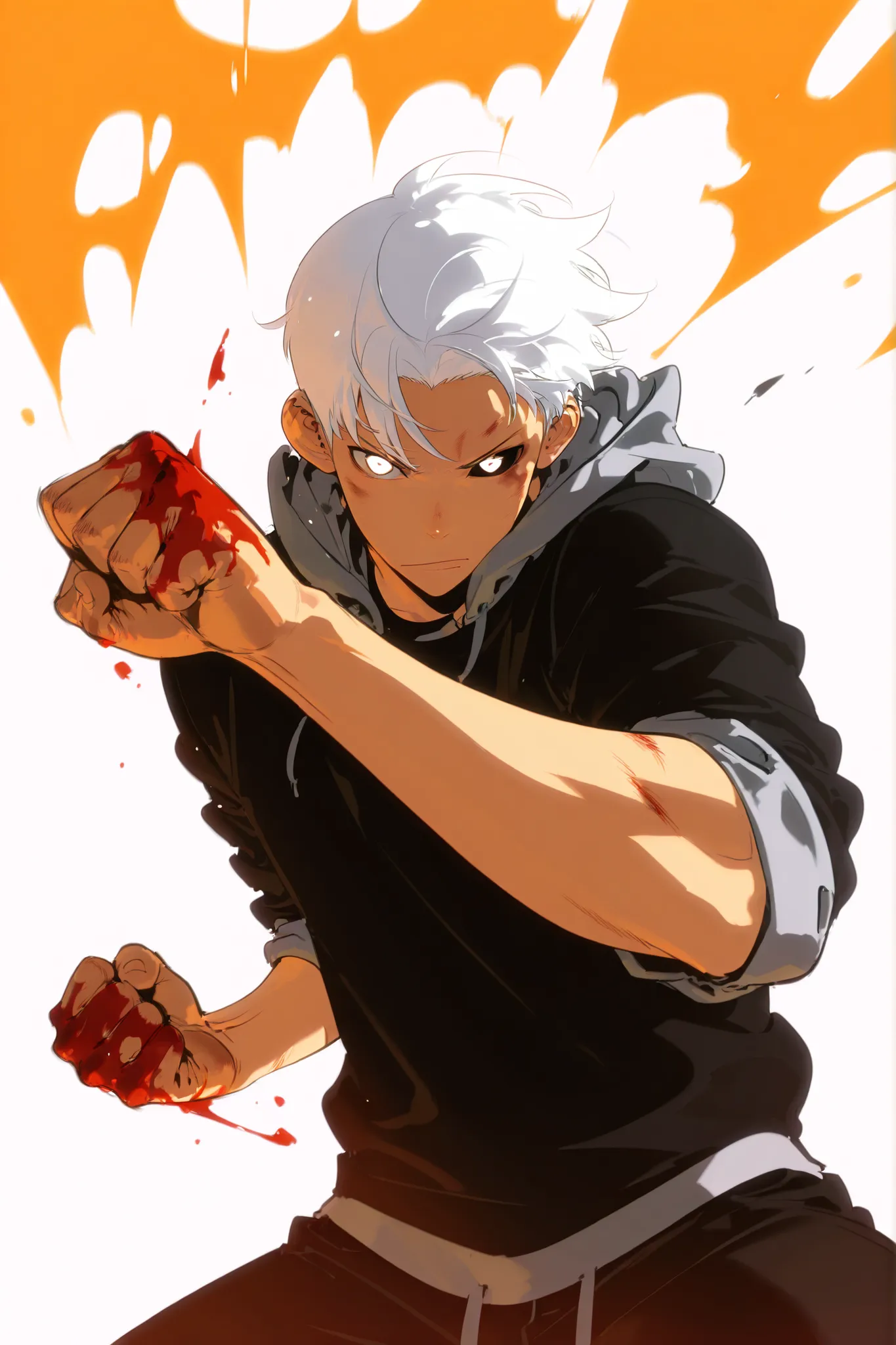 Handsome, Athletic, alone, male, Short spicky hair, long white hair, black orange eye, black shirt, white orange and black unzipped hoodie with rolled up sleeves, black pants, , intricate sketch, expressive eyes nose and mouth, simple pose, clench fist, ma...