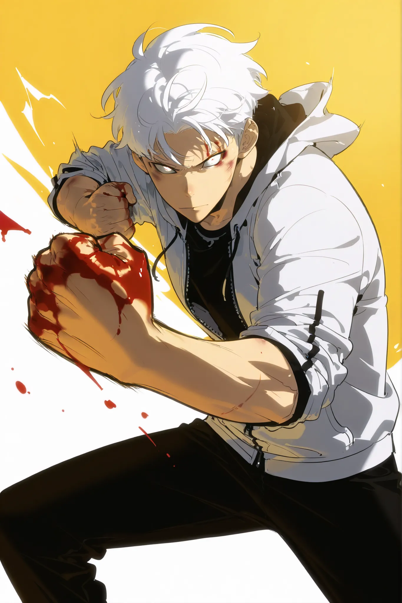 Handsome, Athletic, alone, male, Short spicky hair, long white hair, black orange eye, black shirt, white orange and black unzipped hoodie with rolled up sleeves, black pants, , intricate sketch, expressive eyes nose and mouth, simple pose, clench fist, ma...