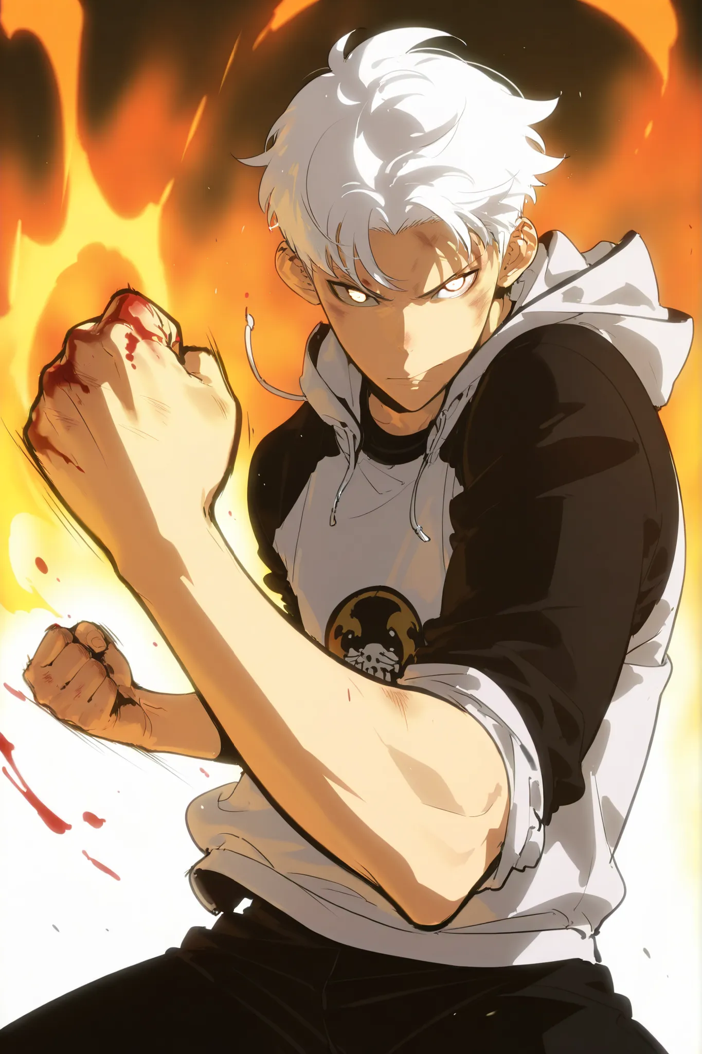 Handsome, Athletic, alone, male, Short spicky hair, long white hair, black orange eye, black shirt, white orange and black unzipped hoodie with rolled up sleeves, black pants, , intricate sketch, expressive eyes nose and mouth, simple pose, clench fist, ma...