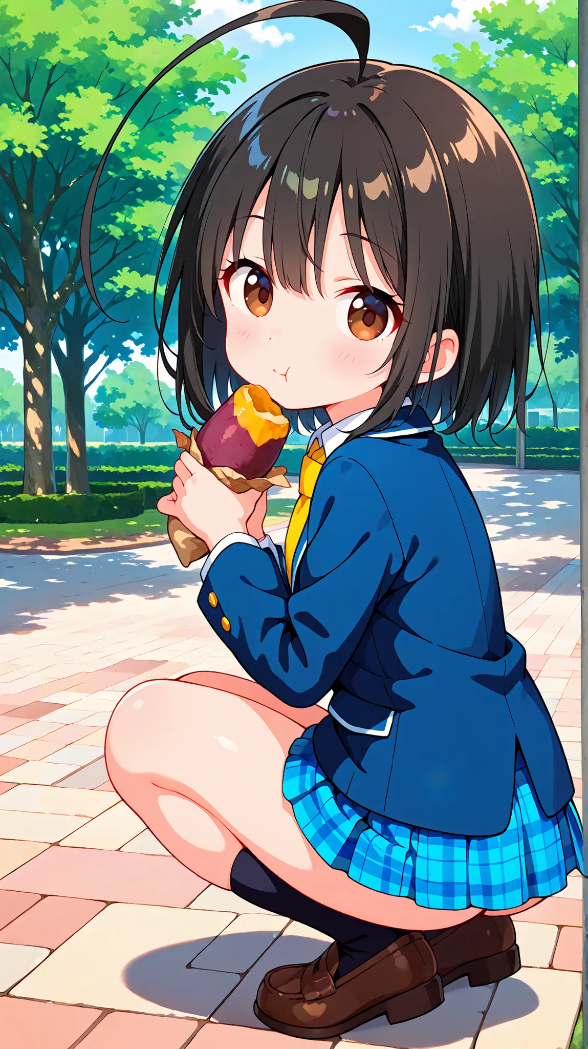 nsfw,((anime style)),score_9, score_8_up, score_7_up,masterpiece, best quality,ultra detail,(((park))),huge ahoge, negishi masako , 1girl , ((((solo)))),short hair,black hair ,long bangs,brown eyes,(Flat Chest),school uniform,(((blue blazer))),light blue c...