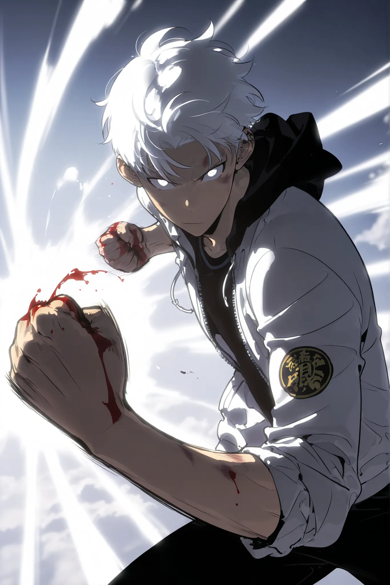 Handsome, Athletic, alone, male, Short spicky hair, long white hair, black orange eye, black shirt, white orange and black unzipped hoodie with rolled up sleeves, black pants, , intricate sketch, expressive eyes nose and mouth, simple pose, clench fist, ma...