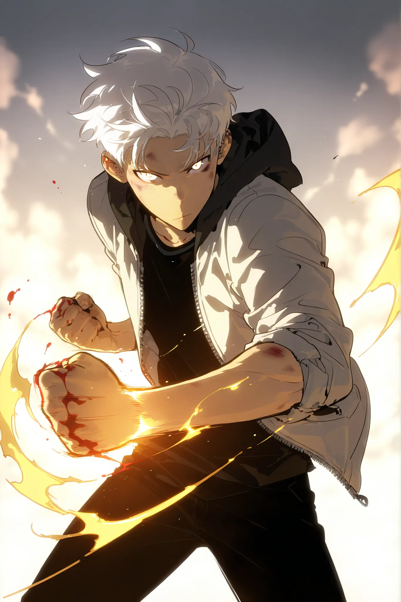 Handsome, Athletic, alone, male, Short spicky hair, long white hair, black orange eye, black shirt, white orange and black unzipped hoodie with rolled up sleeves, black pants, , intricate sketch, expressive eyes nose and mouth, simple pose, clench fist, ma...
