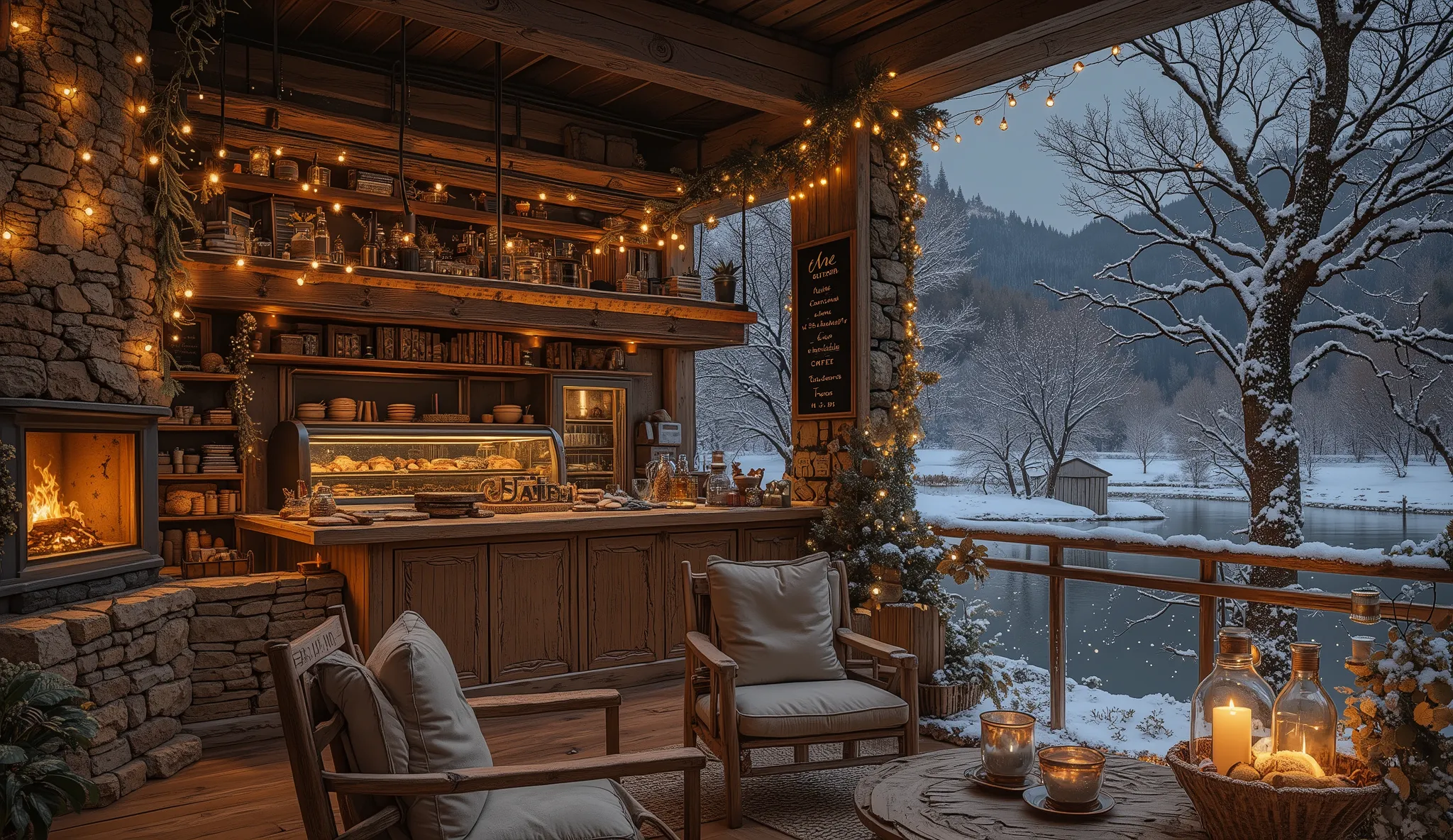 Cozy cabin with fireplace, không có cây Giáng sinhThe scene depicts a Cozy cabin with fireplace, without a rustic cafe Christmas tree, overlooking a beautiful lake .
The interior has a wooden counter , on which a shiny metal coffee pot shines , symbo...