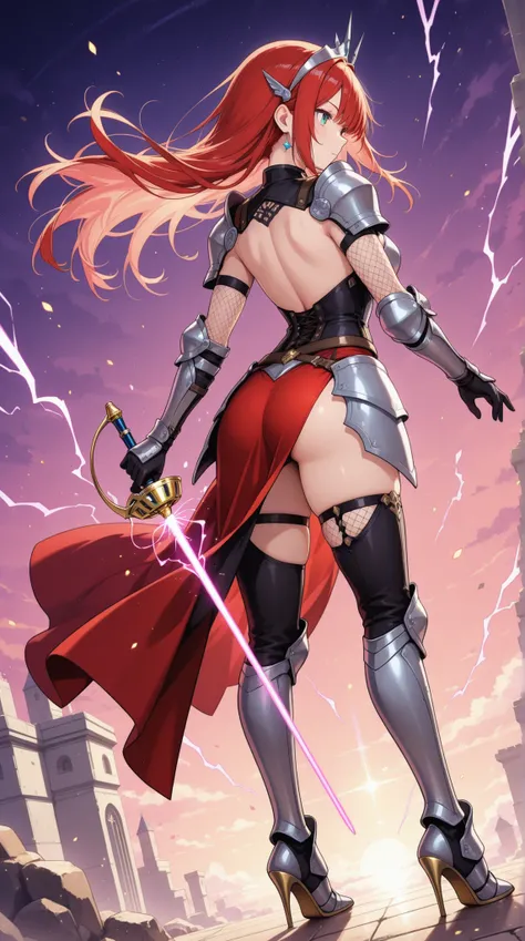 female, backless armor, stiletto leg armor, Energy rapier, mesh arm guards, 