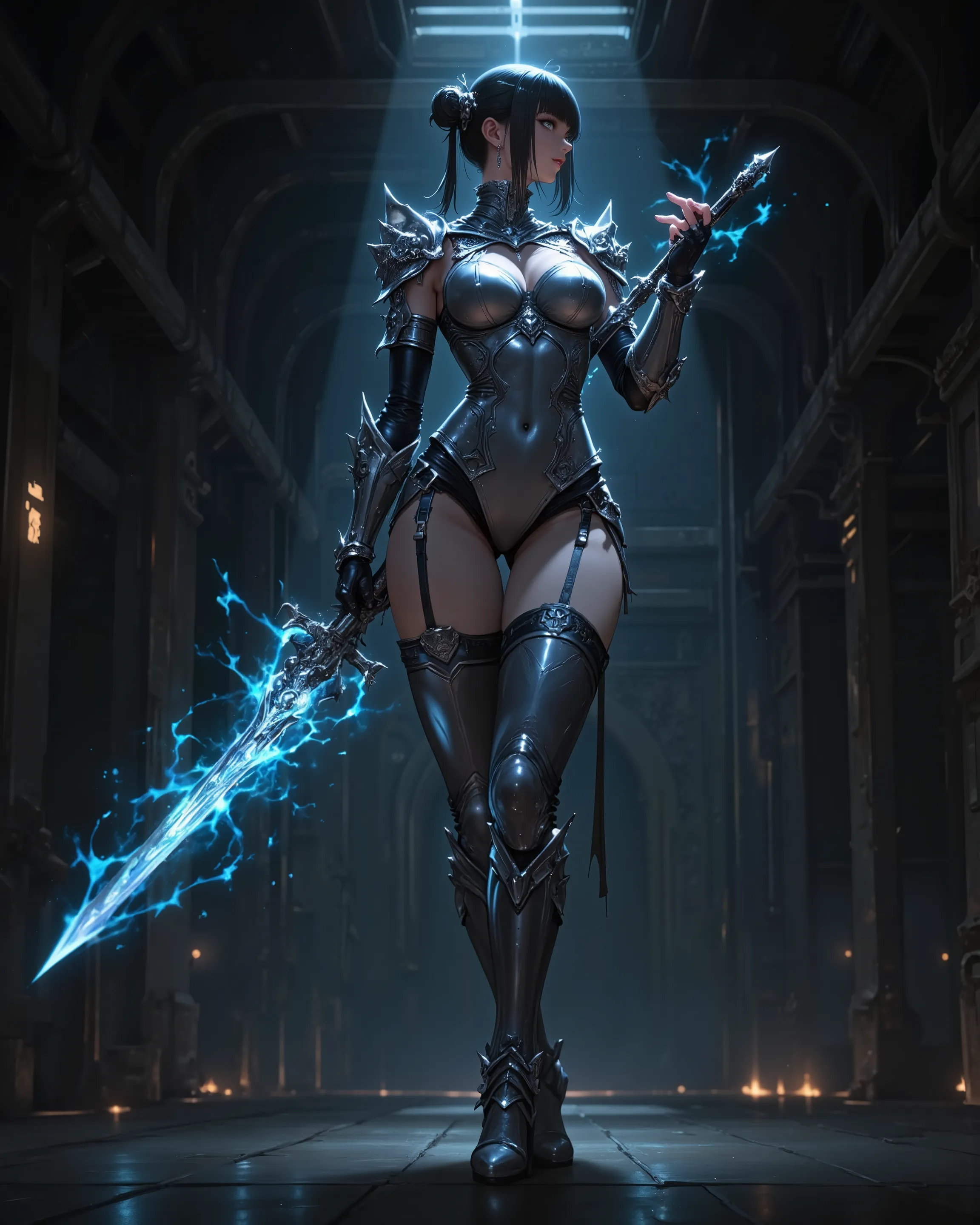 female, backless armor, stiletto leg armor, Energy rapier, mesh arm guards,