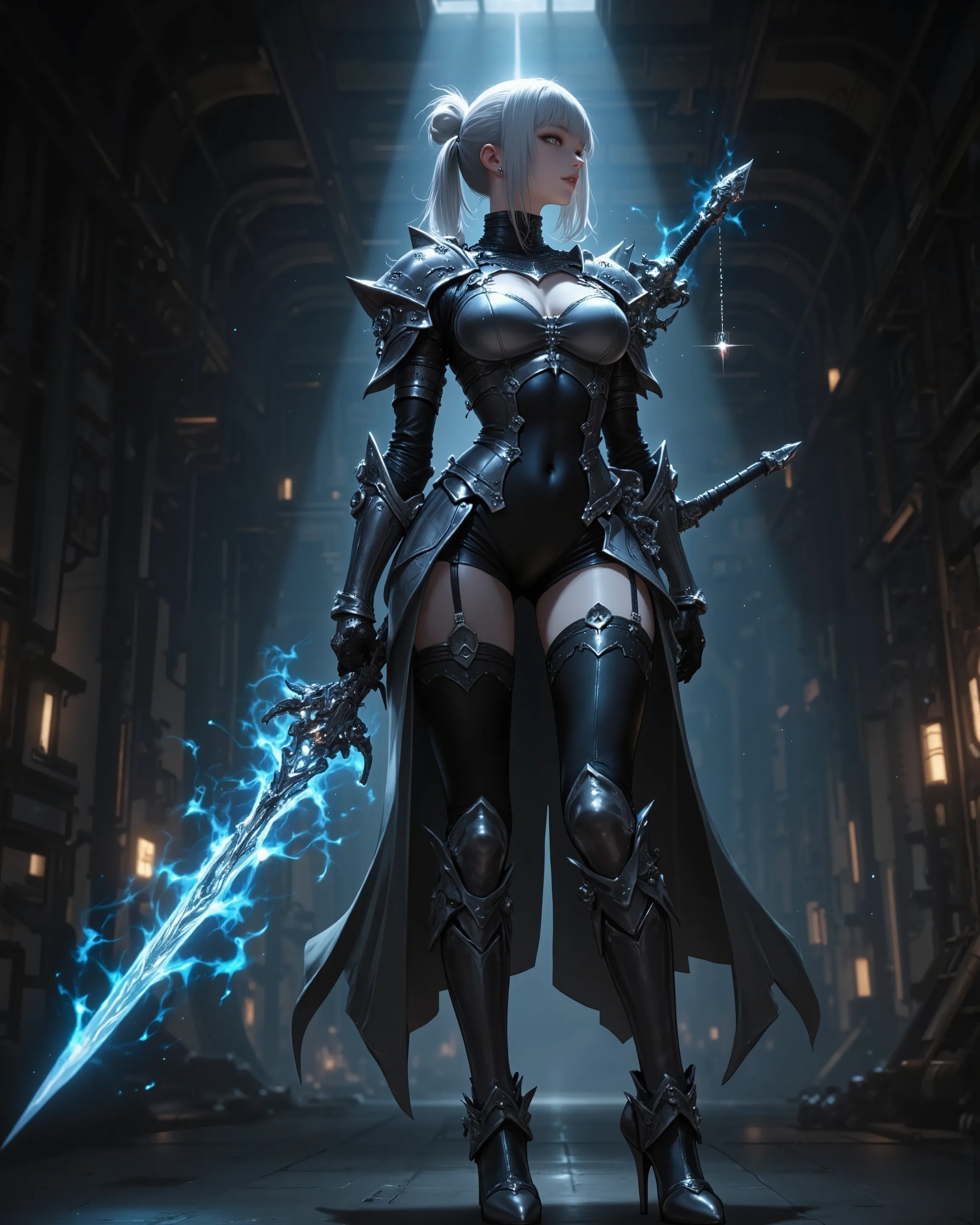 female, backless armor, stiletto leg armor, Energy rapier, mesh arm guards,