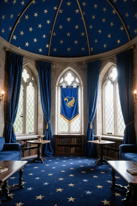 Castle tower, Harry Potter, Ravenclaw, lounge,  arched window, Blue silk hanging on the wall, Domed ceiling decorated with stars, , dark blue carpet with stars drawn on it , tables, , Bookshelf on the floor  