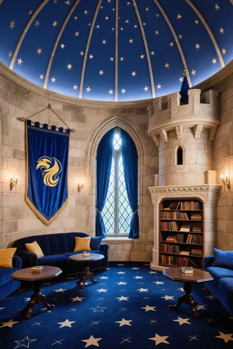 Castle tower, Harry Potter, Ravenclaw, lounge,  arched window, Blue silk hanging on the wall, Domed ceiling decorated with stars, , dark blue carpet with stars drawn on it , tables, , Bookshelf on the floor  
