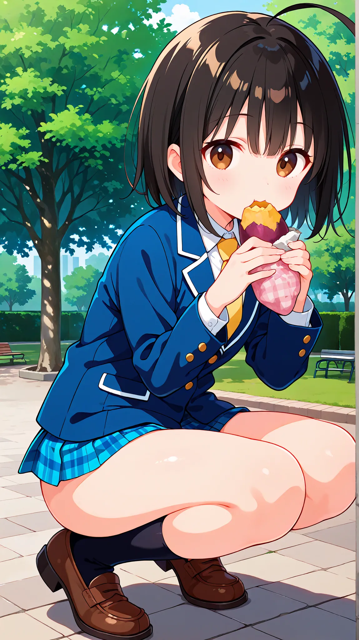 nsfw,((anime style)),score_9, score_8_up, score_7_up,masterpiece, best quality,ultra detail,(((park))),huge ahoge, negishi masako , 1girl , ((((solo)))),short hair,black hair ,long bangs,brown eyes,(Flat Chest),school uniform,(((blue blazer))),light blue c...