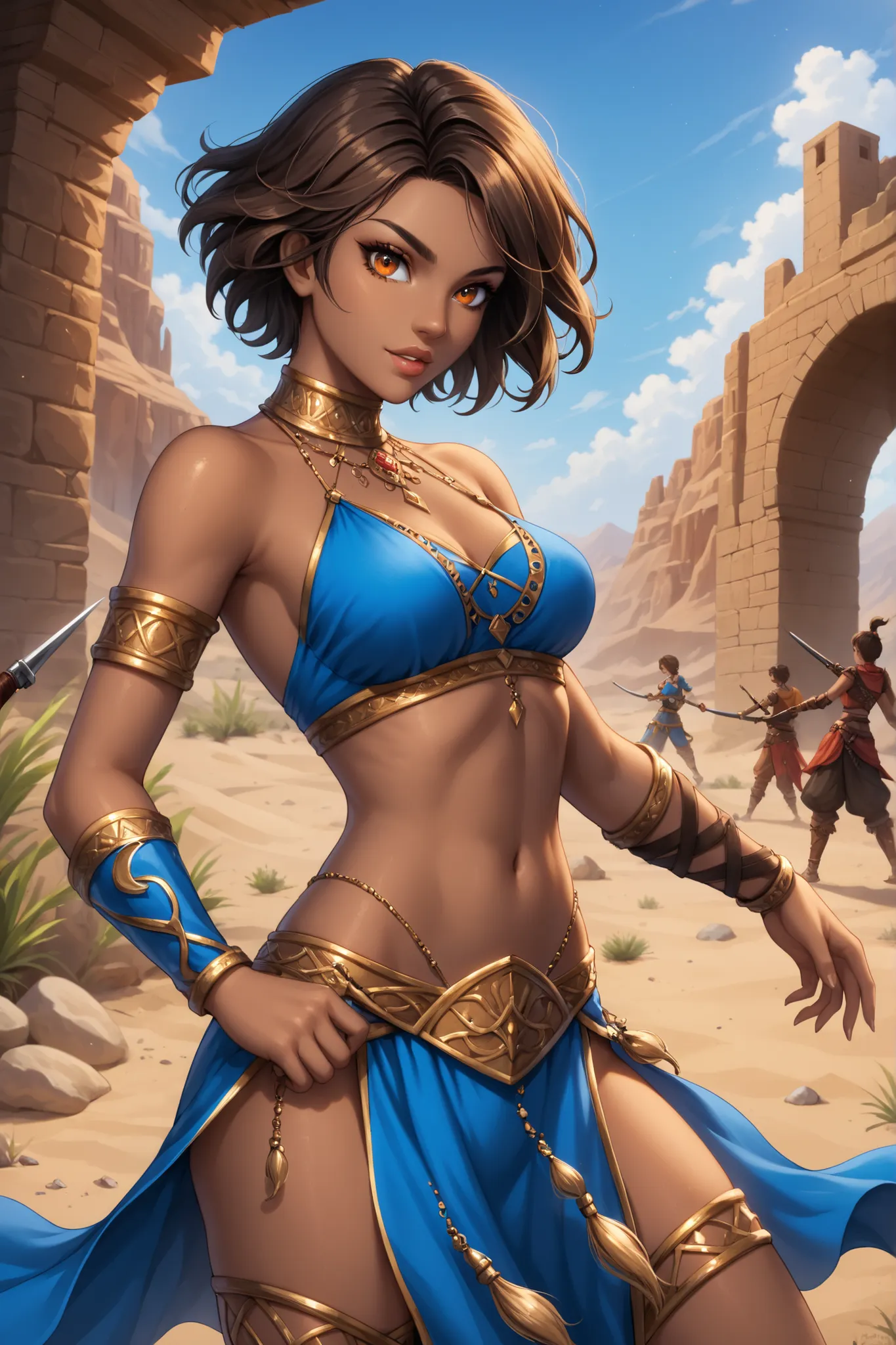 1girl, dark skin, ebony skin, vibrant orange eyes, very dark brown hair, short hair, very short hair, adult woman, lips, medium sized chest, assassin, dark blue black dancer assassin outfit, sexy body, medieval, RPG fantasy, in the desert