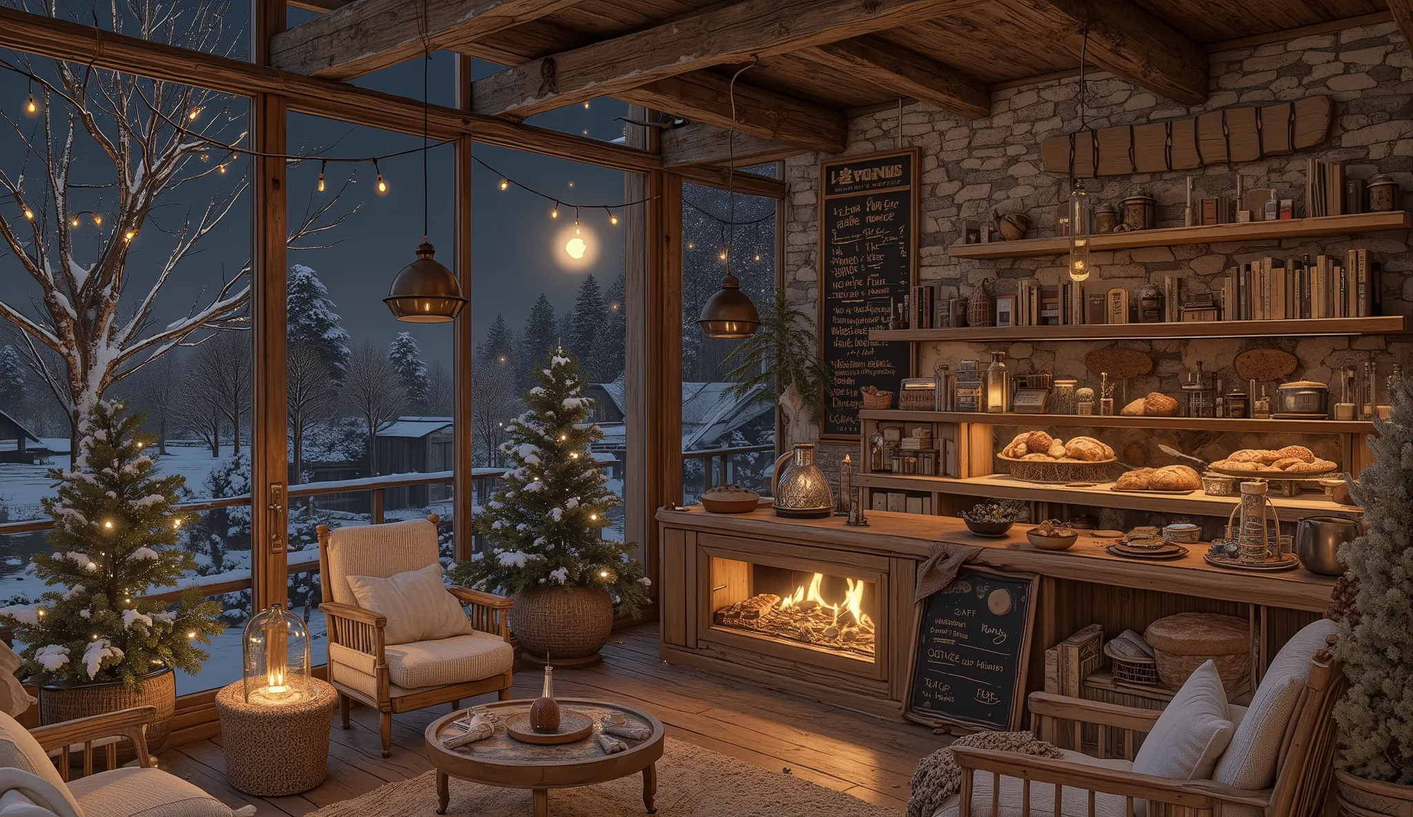 Cozy cabin with fireplace, không có cây Giáng sinhThe scene depicts a Cozy cabin with fireplace, without a rustic cafe Christmas tree, overlooking a beautiful Tranh sơn dầu và acrylic trên vải, một căn bếp của nhà bà ngoại vào ban đêm. Cảnh được dựng theo ...