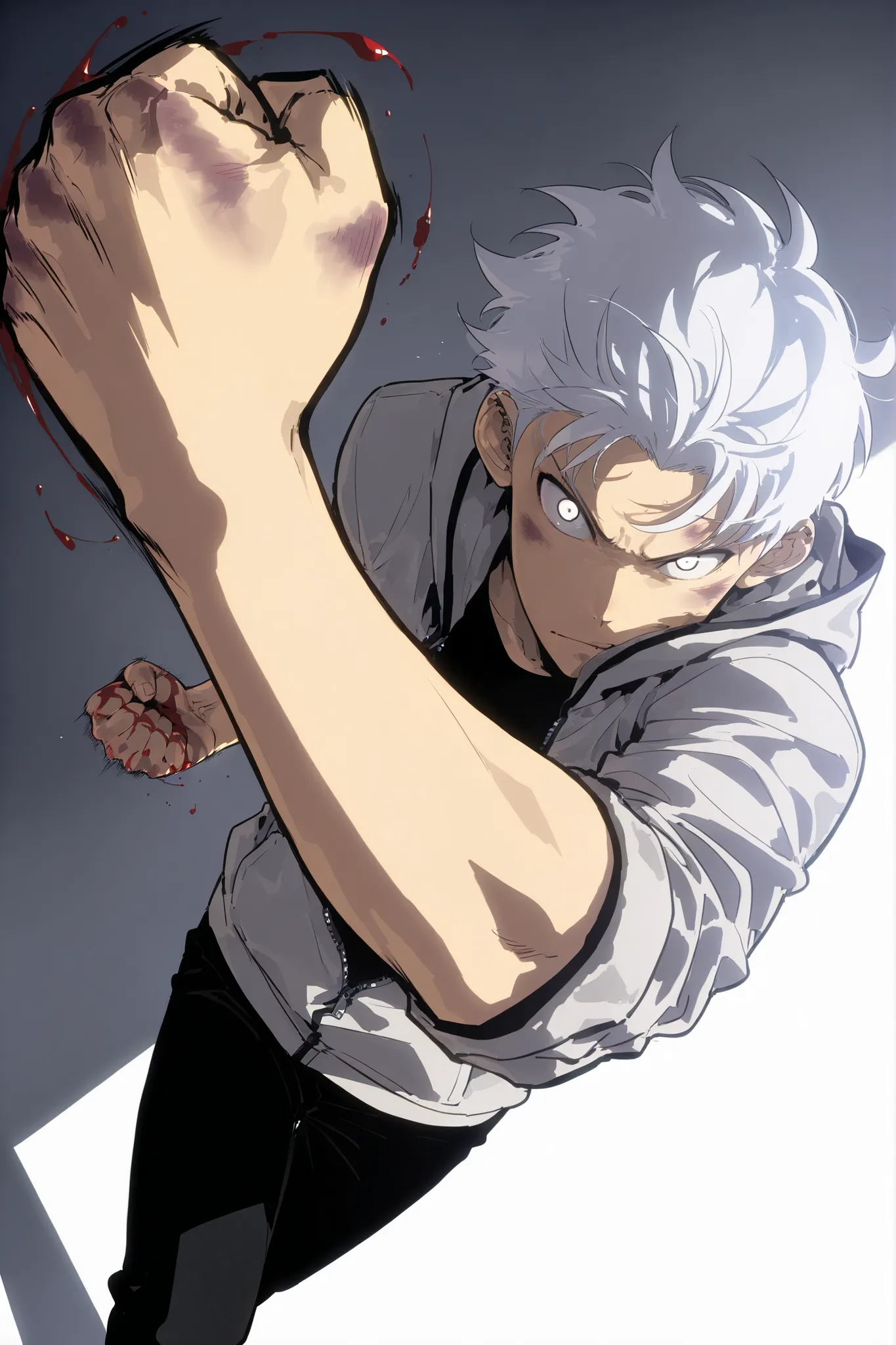 Handsome, Athletic, alone, male, Short spicky hair, long white hair, black orange eye, black shirt, white orange and black unzipped hoodie with rolled up sleeves, black pants, , intricate sketch, expressive eyes nose and mouth, simple pose, clench fist, ma...