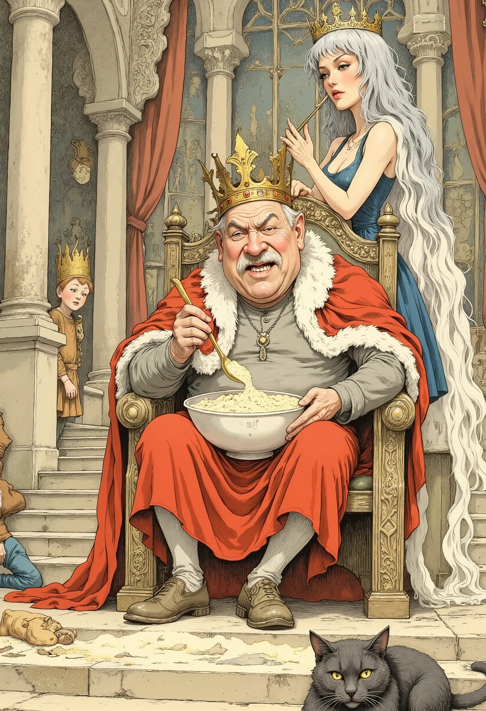 A funny illustration in the style of old Soviet cartoons depicting a tiny, chubby, bald king sitting on a giant throne, wearing a huge golden crown and a red robe that barely fits on it. A stunning young queen with long flowing hair, a sparkling silver tia...