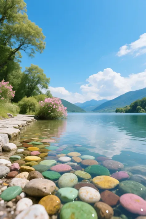 A beautiful lakeside scene: Foreground: Colourful, smooth pebbles are visible on the clear, calm surface of the lake. Pebbles in various shades of green, yellow, brown, pink and white adorn the lake bottom. There are many more pebbles on the shore, and a stone path continues on. Middle ground: Lush trees and bushes surround the lake, some with pink flowers in bloom. The beauty of nature is highlighted. Background: A bright blue sky is spread out, with white clouds scattered here and there. Mountains can be seen in the distance. Overall mood: The colourful, crisp pebbles and clear lake water create a tranquil, picturesque natural scene. There is a calm, picturesque atmosphere.