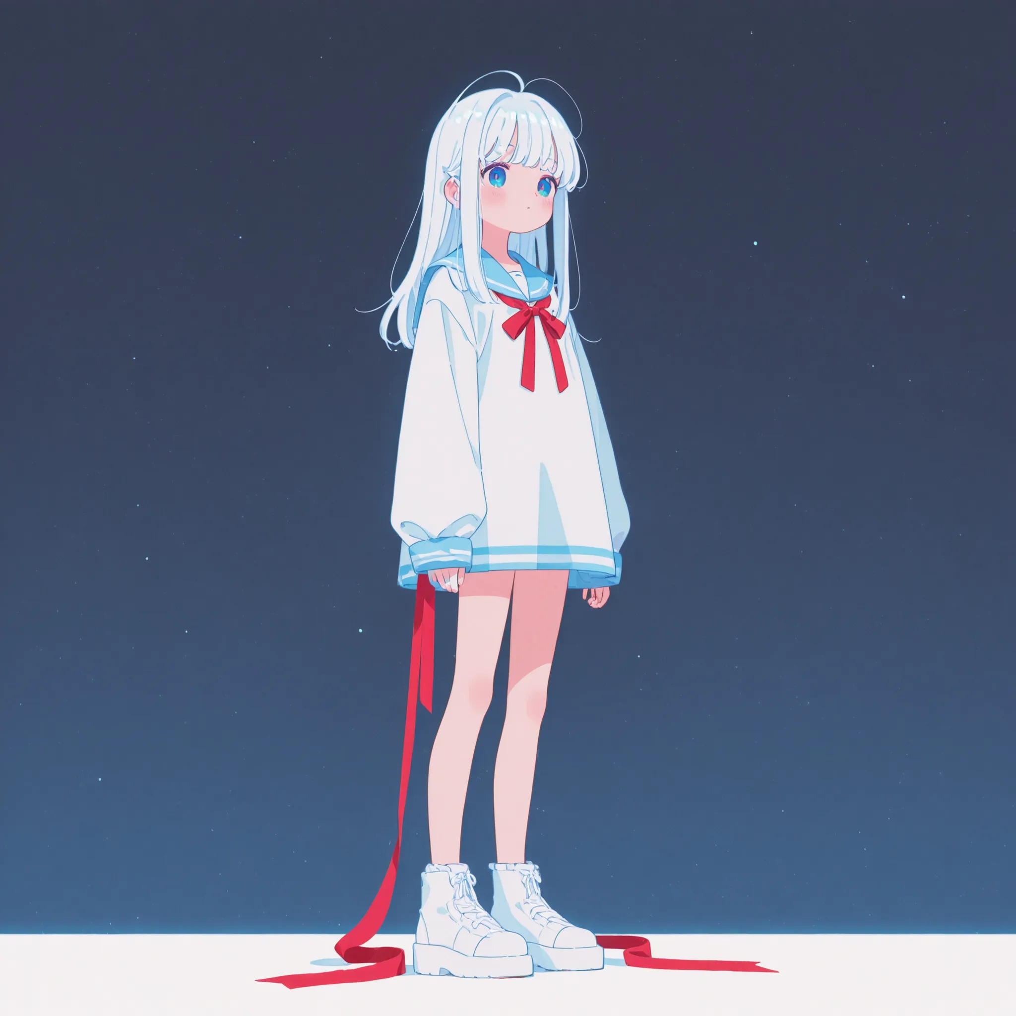 1 girl、white hair、long hair、with a red ribbon on your hair、I'm wearing a dark, light blue sailor suit、cute、 lori、blue eyes on board、full body、standing、