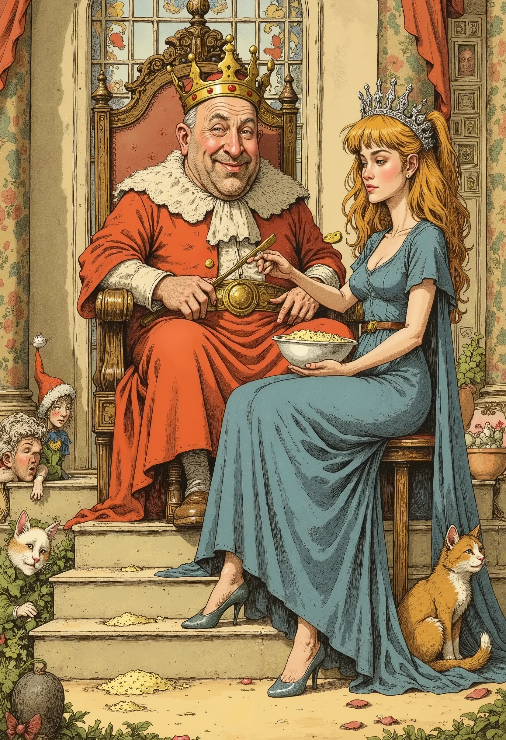 A funny illustration in the style of old Soviet cartoons depicting a tiny, cheerful, plump, bald king sitting on a giant throne, wearing a huge golden crown that has slipped to one side and a red robe that barely fits on it. A stunning young elegant queen ...