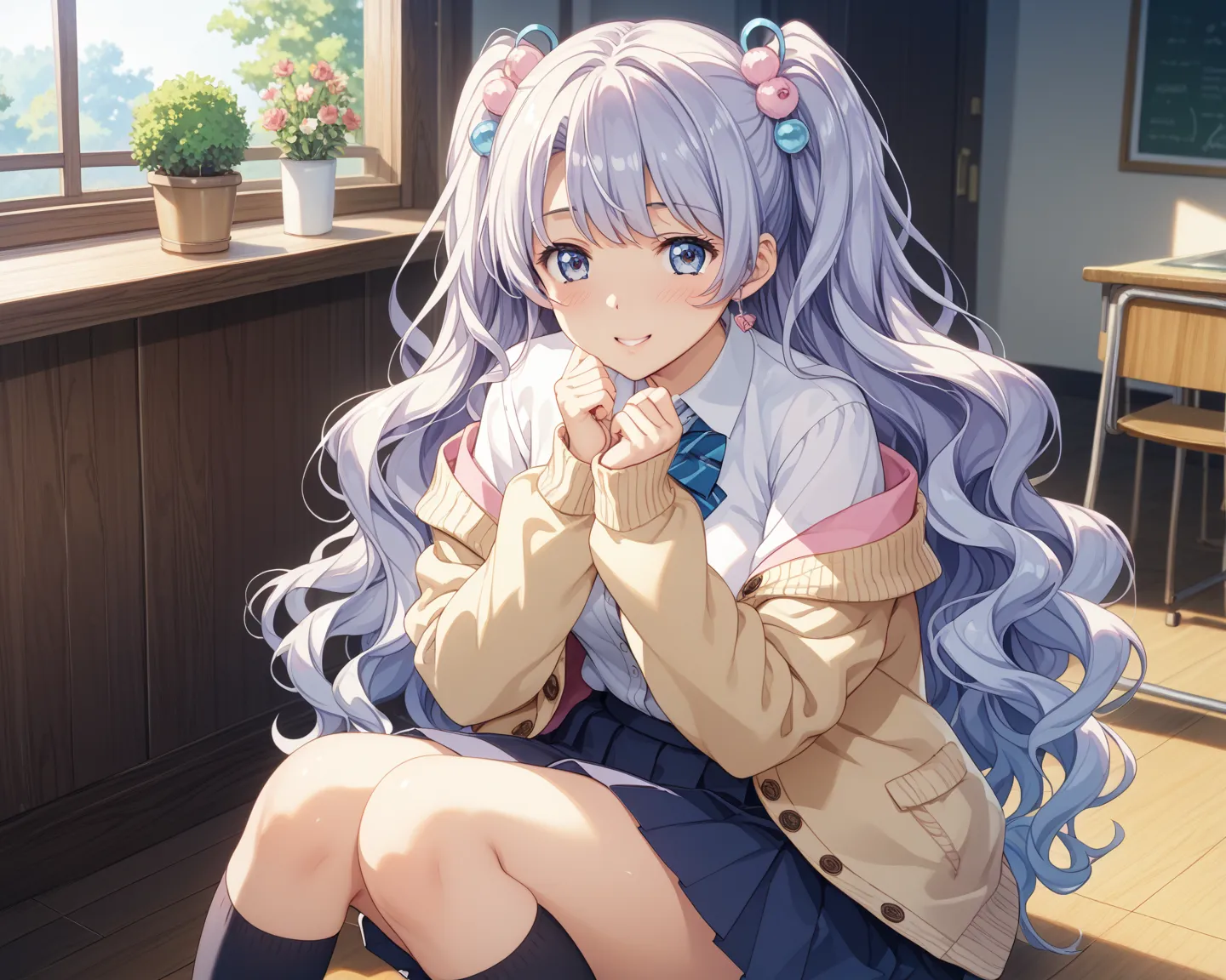 High quality,ultra detailed,best quality,insanely detailed,beautiful,masterpiece,
１人の女の子、silver Very long hair,Wavy hair,Hair ornament、銀髪の長い睫毛、異色症、金色の目、水色の目、中ぐらい胸、小さい尻、
ピンクのパンティー、School uniform,cardigan,cozy and casual with pastel colors,pleated shirt,and knee-high socks、ベッド、仰向け、カウボーイショット、笑顔、
worst quality,ugly,bad anatomy,jpeg artifacts