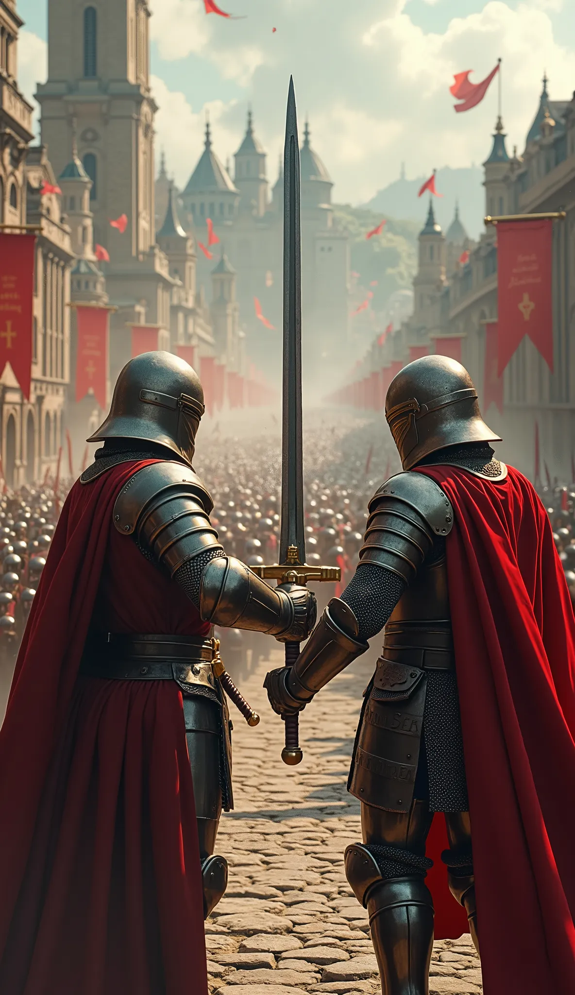 highdefinition images、real images of King Arthur and the Knights of the Round Table、King Arthur and Lancelot, dressed in armor and armor, they pull out their swords and fight to protect the city from looters、Many Enemies、In a movie-like panorama。