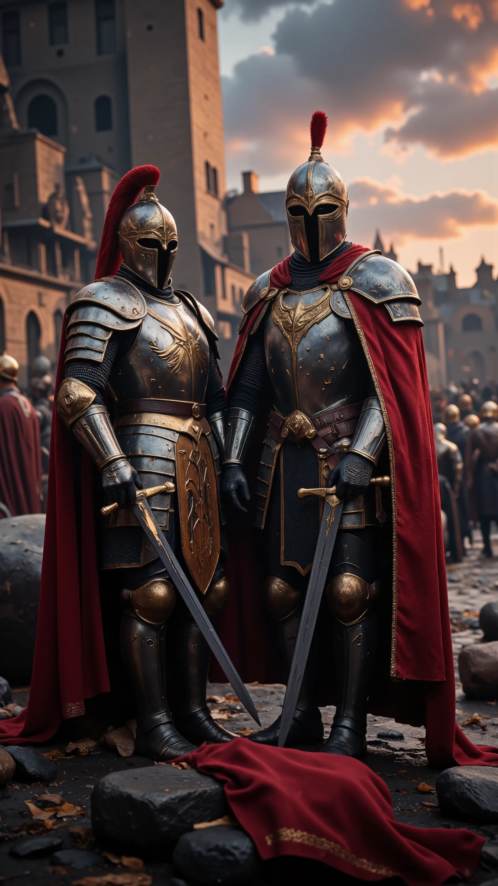highdefinition images、real images of King Arthur and the Knights of the Round Table、King Arthur and Lancelot, dressed in armor and armor, they pull out their swords and fight to protect the city from looters、Many Enemies、In a movie-like panorama。