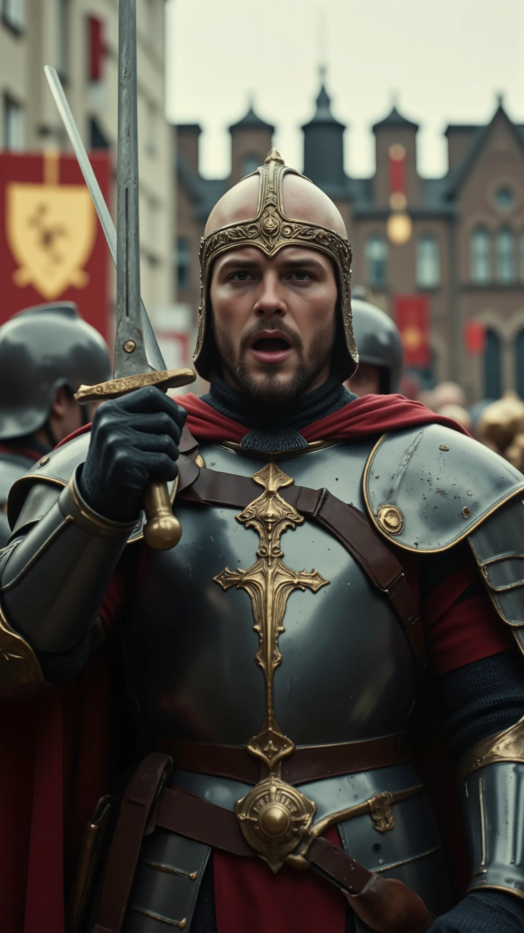 highdefinition images、real images of King Arthur and the Knights of the Round Table、King Arthur and Lancelot, dressed in armor and armor, they pull out their swords and fight to protect the city from looters、Many Enemies、In a movie-like panorama。
