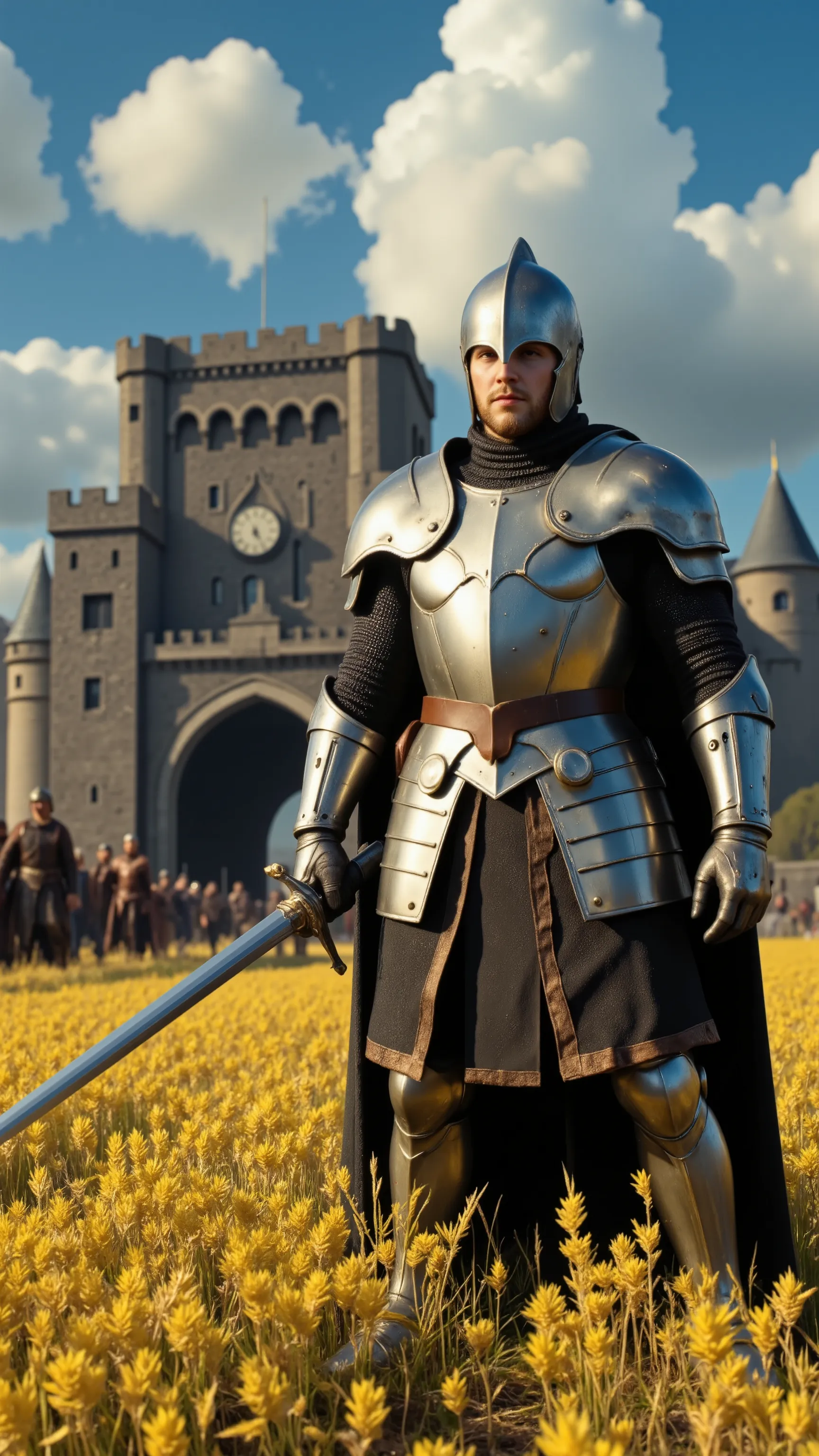 highdefinition images、real images of King Arthur and the Knights of the Round Table、On the prairie in front of the castle gate、King Arthur and Lancelot, dressed in armor and armor, they pull out their swords and fight to protect the city from looters、Many ...