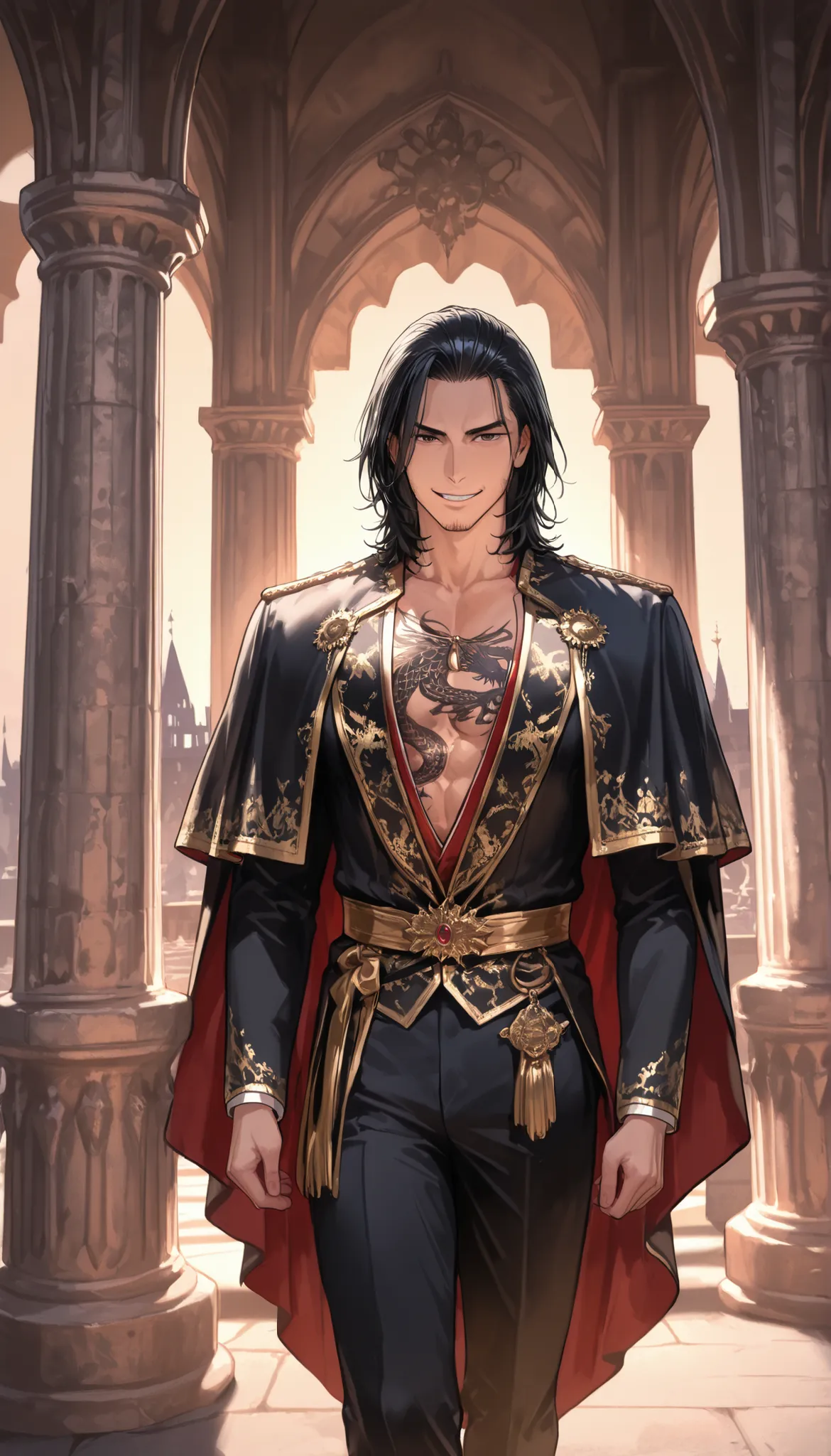 background, palace in a cave, yakuza boy, black hair, medium hair, black British royal clothes, black pants, chest, handsome, dragon tattoo, smile, standing, looking at viewer, castle pillar, indoor