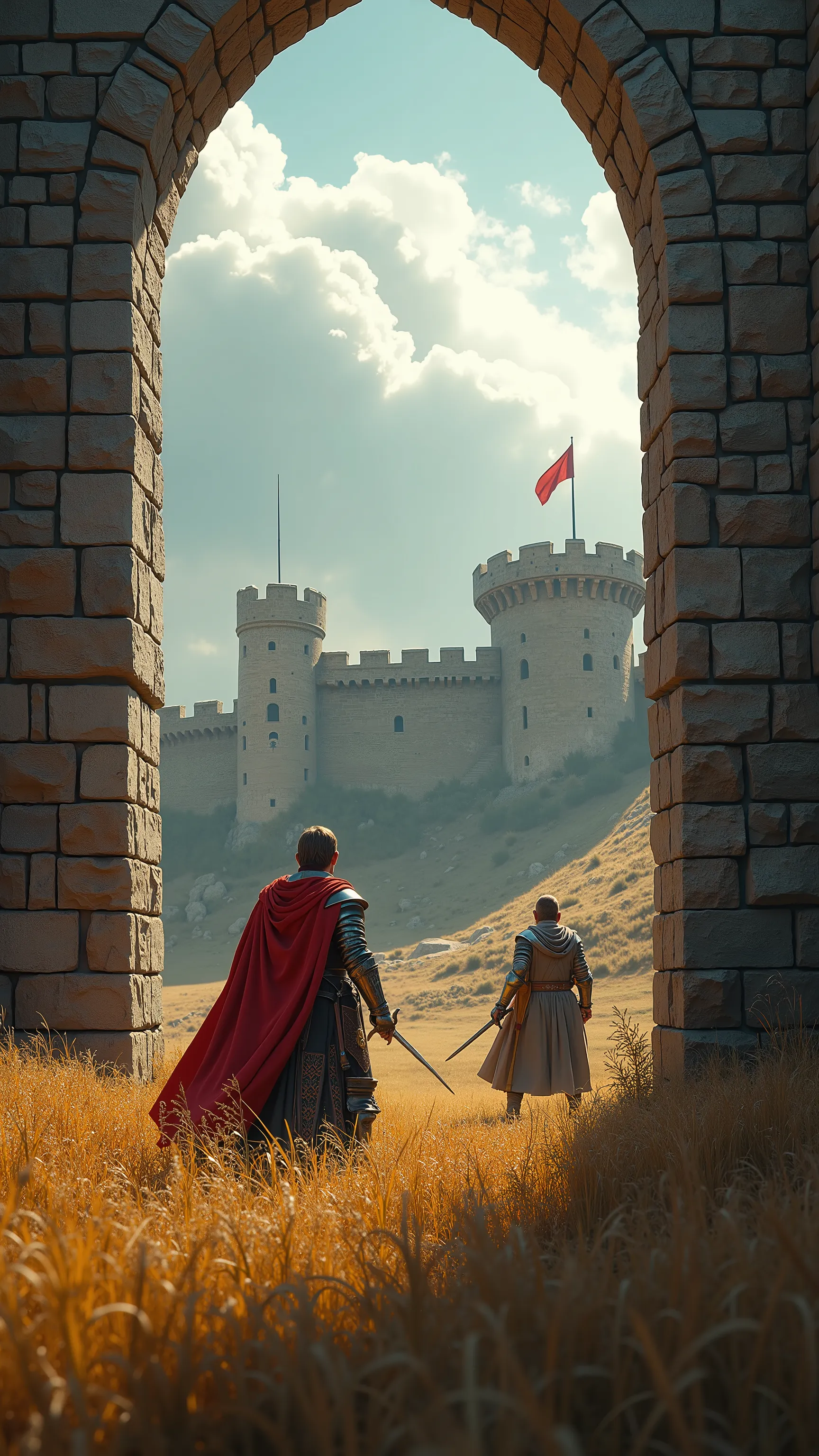 highdefinition images、real images of King Arthur and the Knights of the Round Table、On the prairie in front of the castle gate、King Arthur and Lancelot, dressed in armor and armor, they pull out their swords and fight to protect the city from looters、Many ...