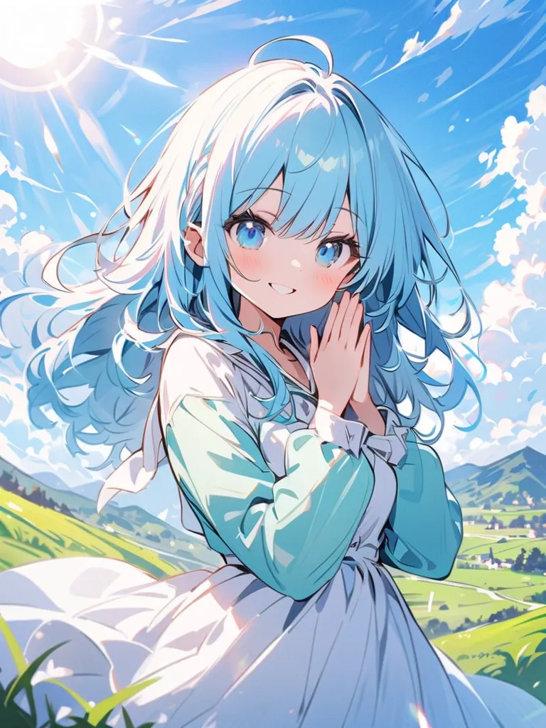 high quality,4K,Masterpiece,real,sexy posing wearing,girl with light blue hair,Low height,raise her hands and spread her hands,happy smile,Vibrant,Sun in the background,green hills,blue sky, White Clouds ,Warm Light,Soft texture,gentle colors ,fantasy,illustrations