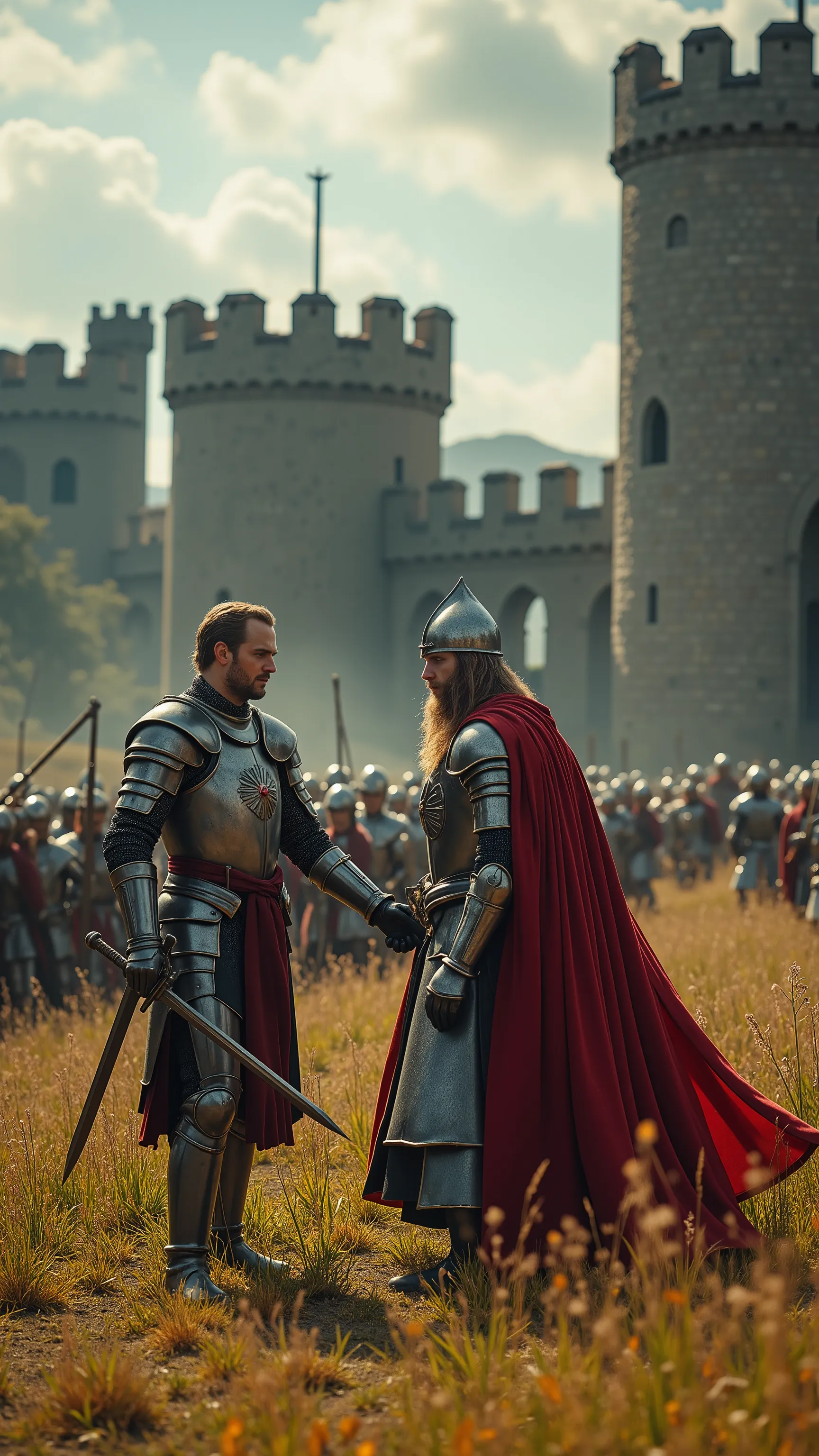 highdefinition images、real images of King Arthur and the Knights of the Round Table、On the prairie in front of the castle gate、King Arthur and Lancelot, dressed in armor and armor, they pull out their swords and fight to protect the city from looters、Many ...