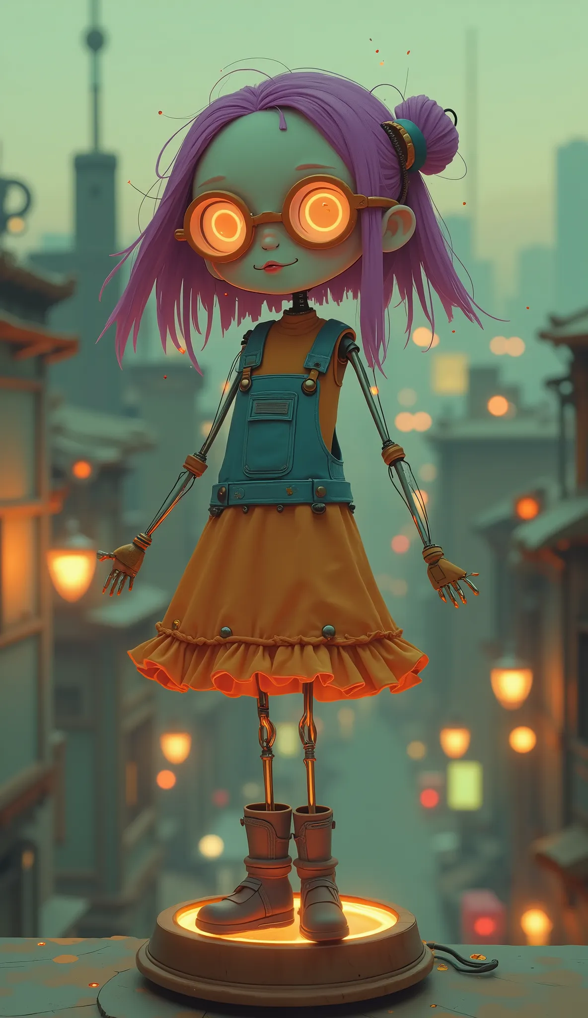 character design,  MECHANICAL DOLL DESIGN  . (full body), (Happy dancing doll with mechanically made purple hair, red cell frame glasses, and overalls standing on a glass music box), wire pulling fingers, thin, precise mechanical wooden limbs, (lots of wir...