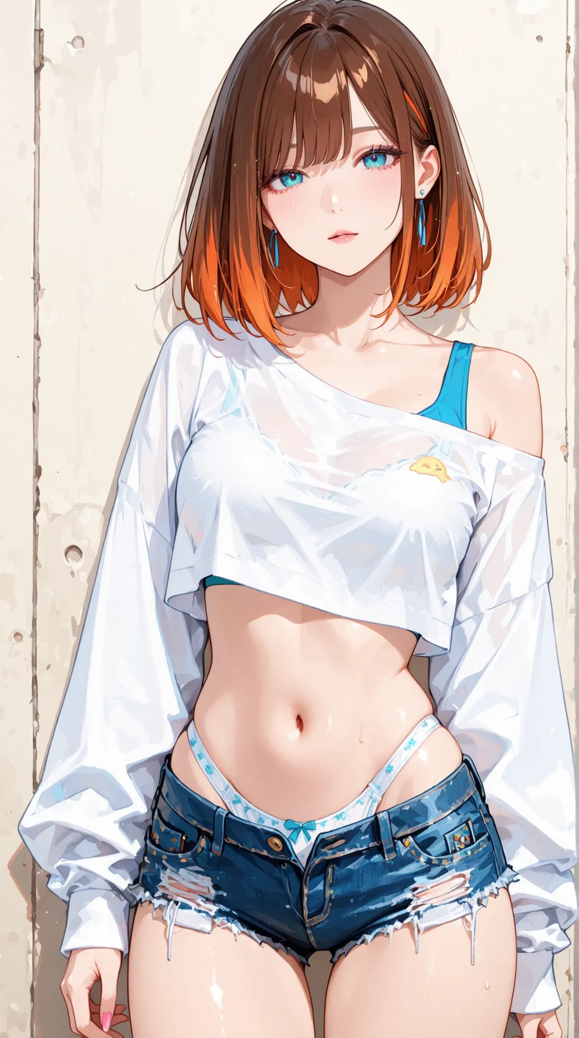 female, High sense, denim hotpants, Crop Top Off Shoulder Shirts, Super High Leg Cut Panties,