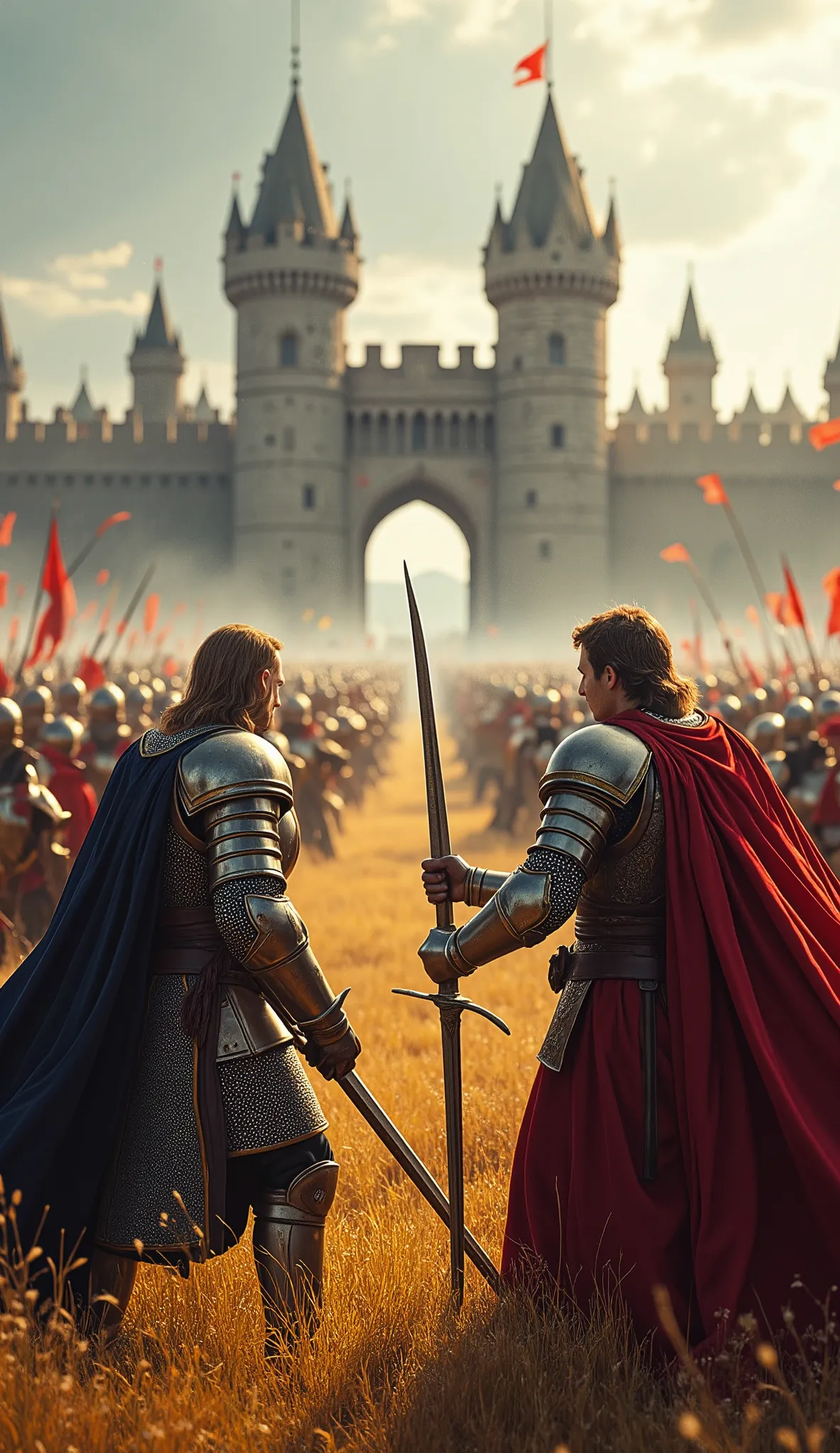 High definition images、realistic images of King Arthur and the Knights of the Round Table、On the prairie in front of the castle gate、King Arthur and Lancelot are dressed in armor and armor、pull out a sword and fight to protect the city from marauders、Many ...