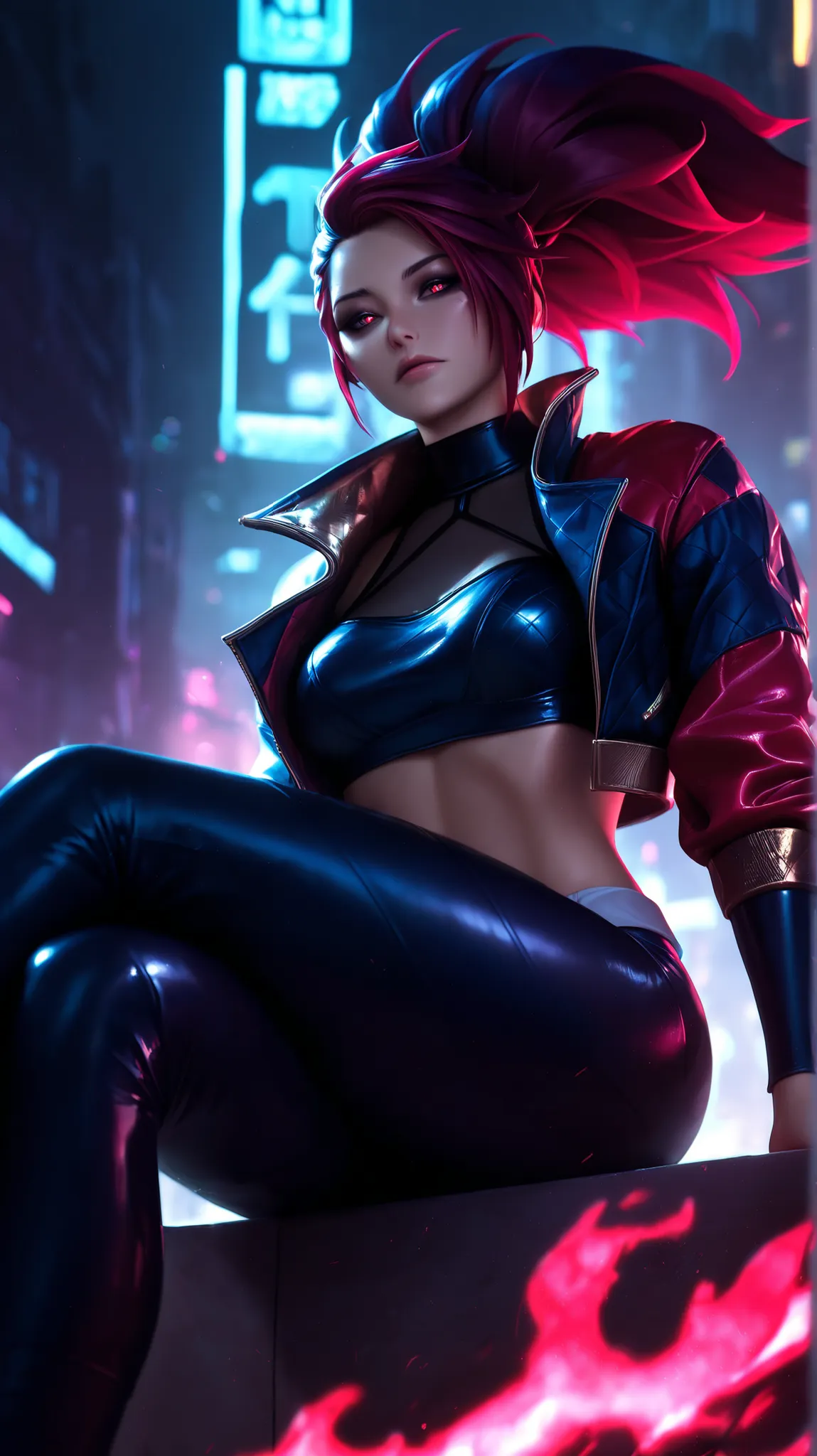 Akali from league of legends, sitting, low-angle view, (red flame jacket), red hair, detailed facial features, serious expression, glowing red eyes, realistic, 8K, HDR, ultra-detailed, professional digital art, fantasy landscape, dark moody atmosphere, dra...