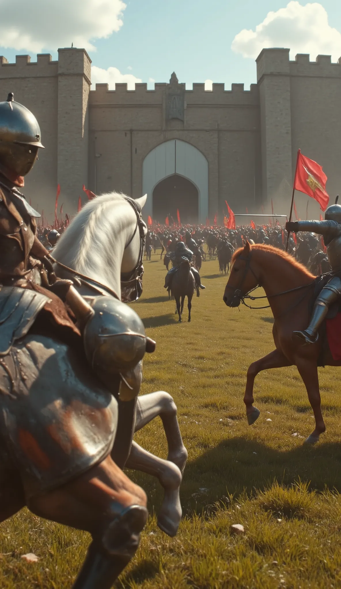high-definition images、realistic footage of King Arthur and the Knights of the Round Table、On the prairie in front of the castle gate、King Arthur and Lancelot wear armor and armor、pull out a sword and fight to protect the city from marauders、Many Enemies、T...