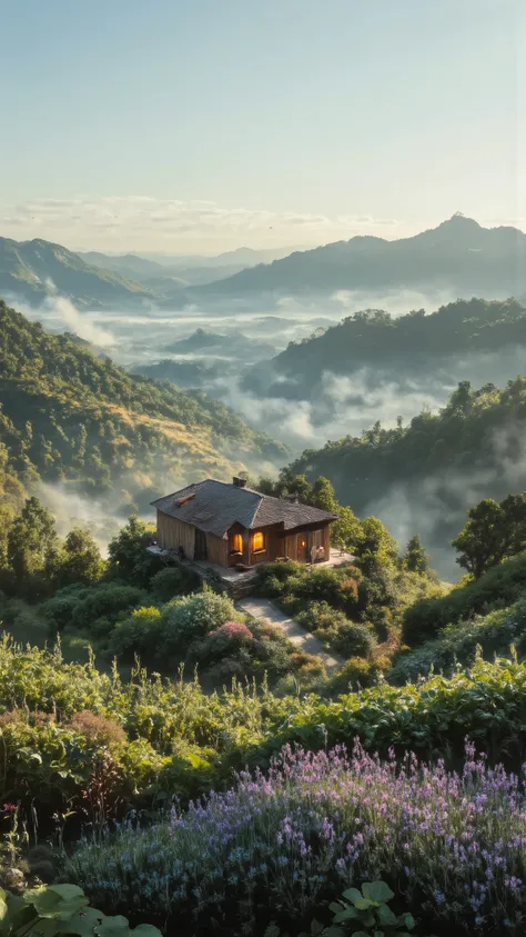 Golden sunrise over the valley sanctuary dreamhouse, soft mist rising from the fields, warm early light pouring across lavender rows and wildflowers, dew-covered plants glistening, birds flying low over the valley -- long shadows, gentle morning haze, smok...