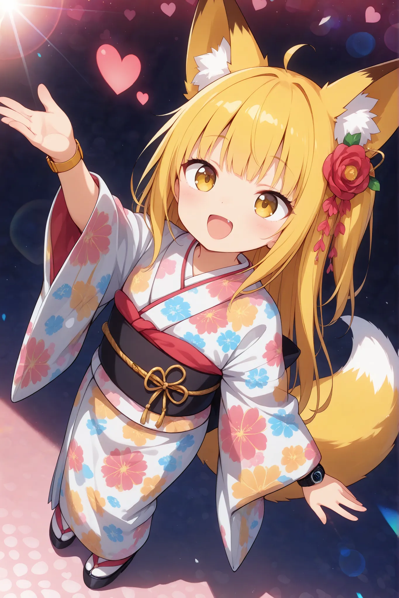 (masterpiece, Highest Quality), (colorful),one girl, fox ears,foxtail,long yellow hair,yellow eyes, best smiles,open your mouth,Japanese Kimono,yellow fox pattern kimono、skirt for ears、heart background , super precise illustration, High detail during meal...