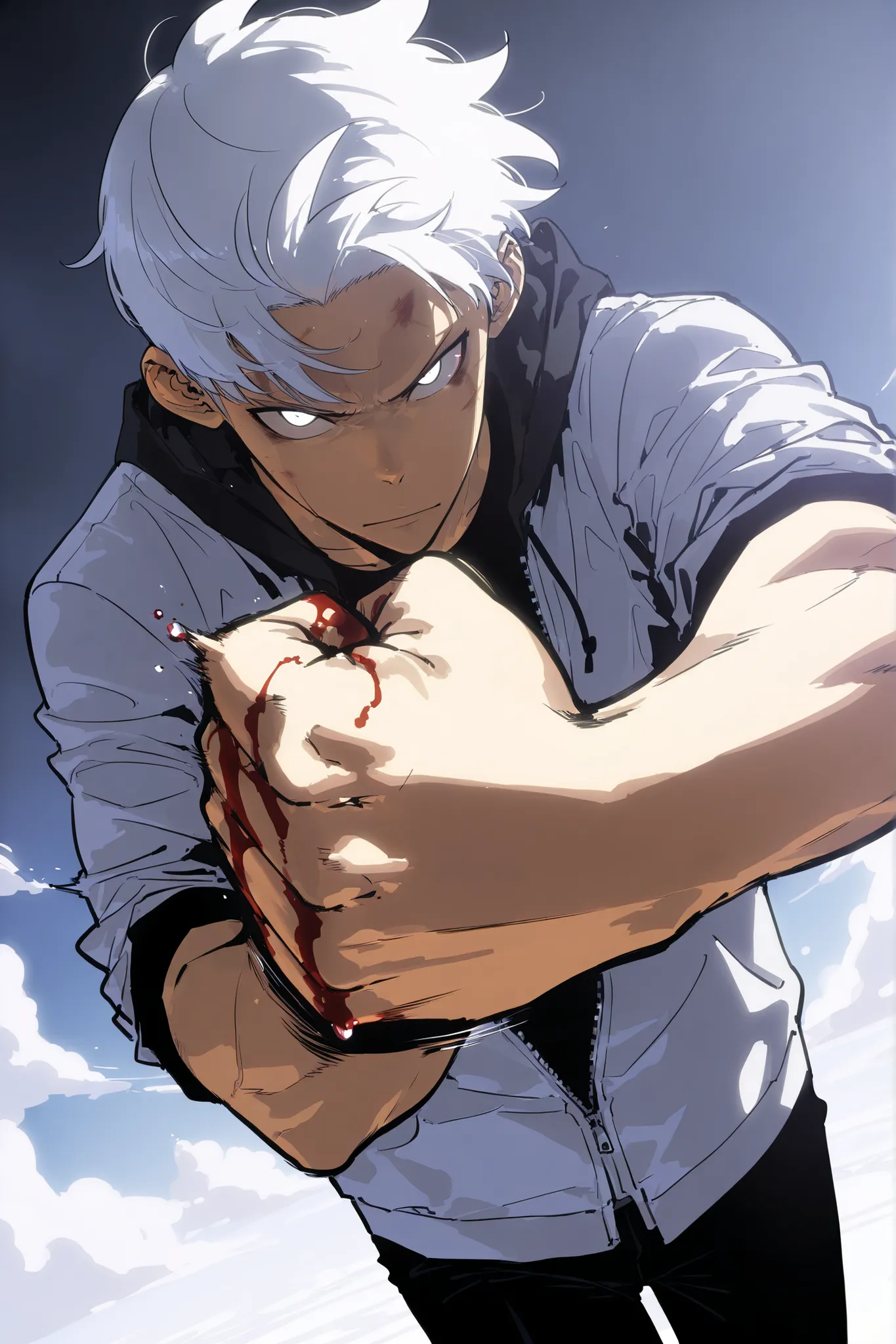 Handsome, Athletic, alone, male, Short spicky hair, long white hair, black orange eye, black shirt, white orange and black unzipped hoodie with rolled up sleeves, black pants, , intricate sketch, expressive eyes nose and mouth, simple pose, clench fist, ma...