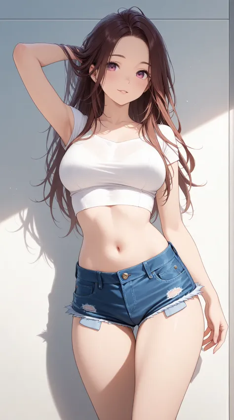 female, High sense, denim hotpants, crop top shirt,   