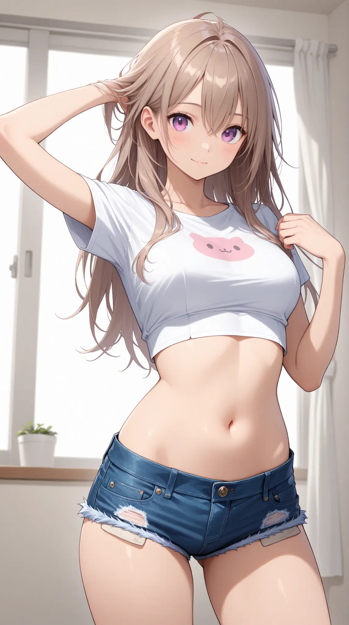 female, High sense, denim hotpants, crop top shirt,