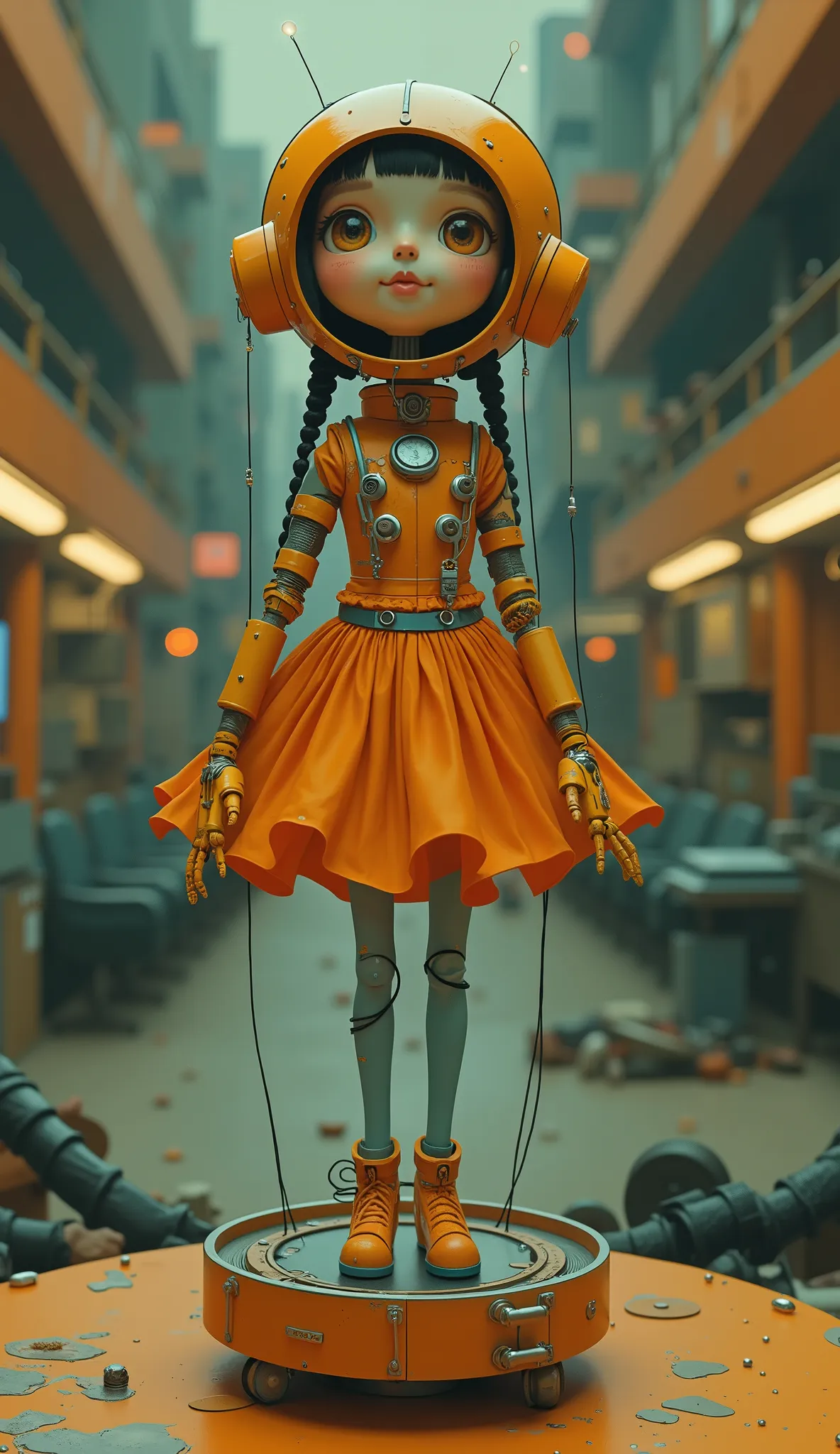 character design,  MECHANICAL DOLL DESIGN  . (full body), (Happy dancing doll in a mechanically made retro spacesuit standing on a glass music box), wire pulling fingers, thin, precise mechanical wooden limbs, (lots of wires from the sky connecting fingers...