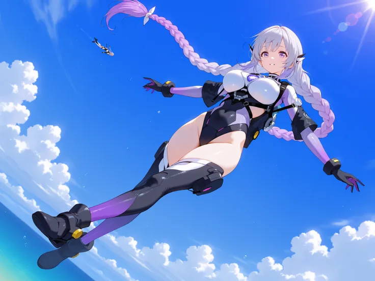 Criptic girl,masterpiece, best quality, amazing quality, very aesthetic, absurdres, sensitive, (dynamic Dutch angle shot:1.5),lends flare,highly detailed cyber body  suits, Extreme large Breast, long gradient purple twin braid hair ,(Skydiving scene:1.2), ...