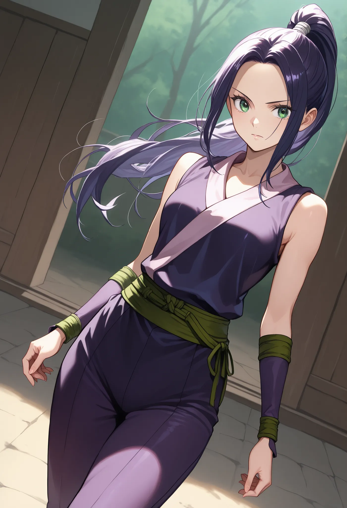 solo, 1girl, nefertari-vivi, long hair, dark purple hair, green eyes, ponytail, kunoichi, purple kunoichi suit, sleeveless, pants, green belt, coboy shot, dutch angle