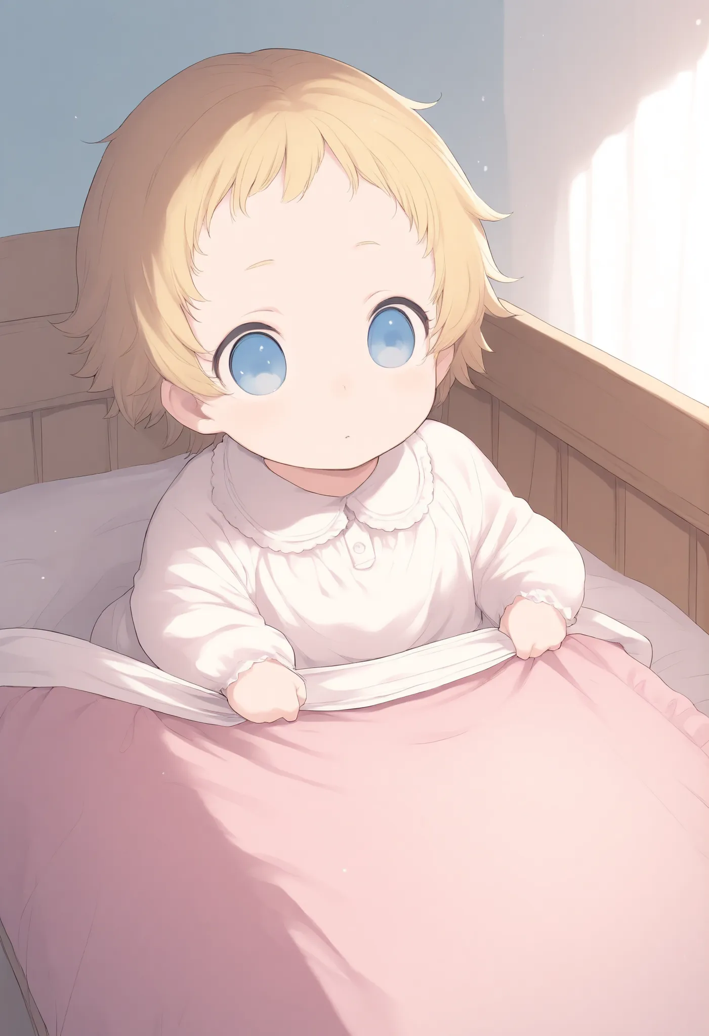  masterpiece , best quality , 1girl , solo , blonde hair , blue eyes , Baby, Symmetrical Eyes, crib