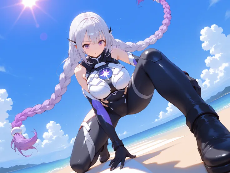 Criptic girl, masterpiece, best quality, amazing quality, very aesthetic, absurdres, sensitive, (dynamic Dutch angle shot:1.5),lends flare,highly detailed cyber body suits, Extreme large Breast, long gradient purple twin braid hair ,(landing scene:1.2), (d...