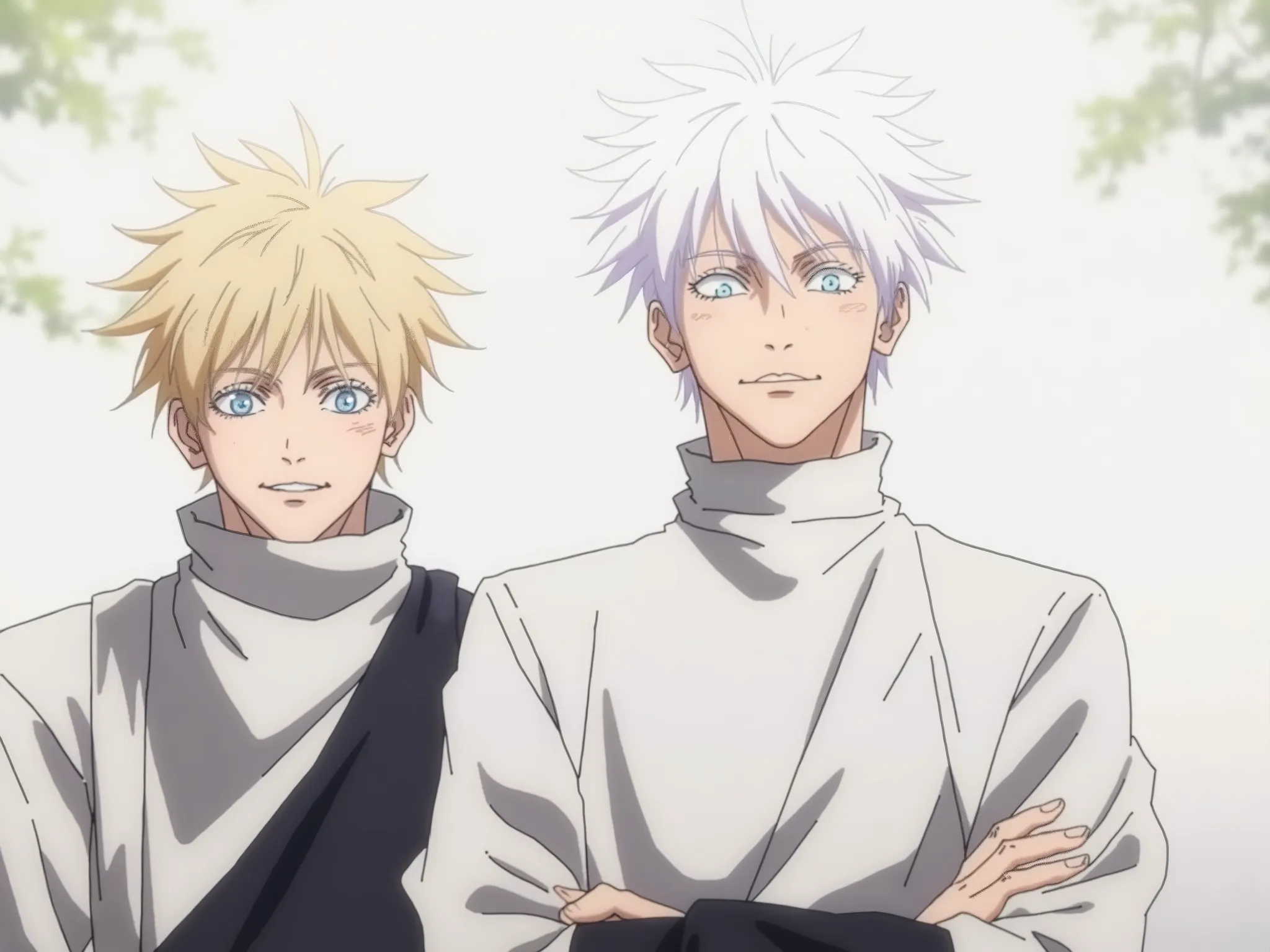 > A 28-year-old tall boy with white hair styled like Gojo Satoru from Jujutsu Kaisen, wearing a white shirt. He is standing next to another boy and looking forward.
---
Optional additions (to improve quality):
Style suggestion: anime style, clean lin...