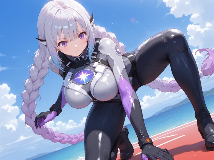 Criptic girl, masterpiece, best quality, amazing quality, very aesthetic, absurdres, sensitive, (dynamic Dutch angle shot:1.5),lends flare,highly detailed cyber body suits, Extreme large Breast, long gradient purple twin braid hair ,(landing scene:1.2), (d...