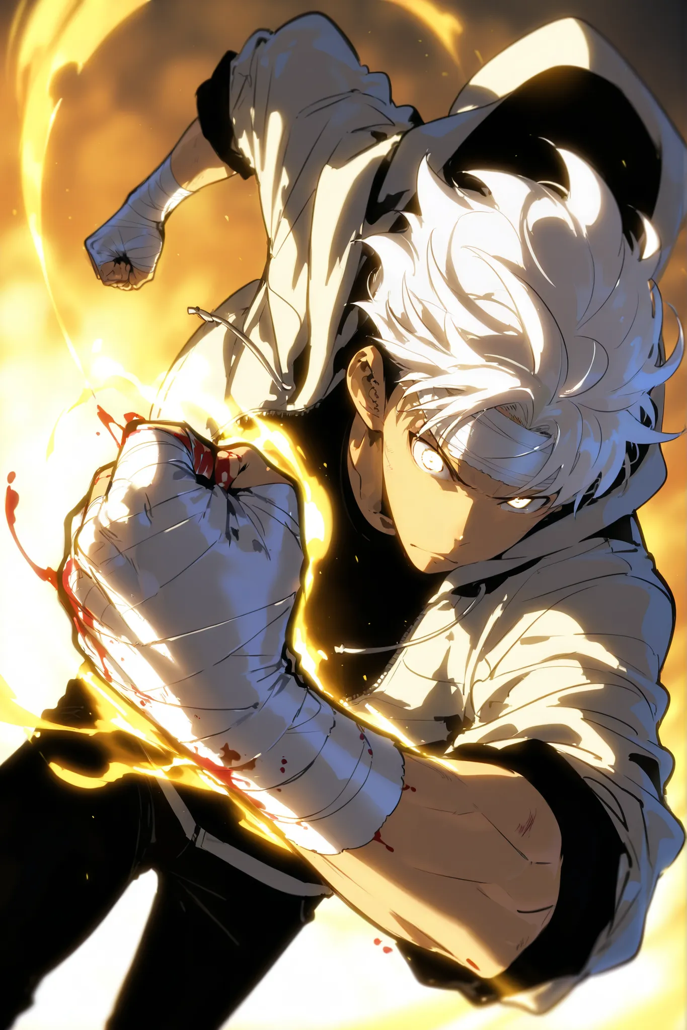 Handsome, Athletic, alone, male, Short spicky hair, long white hair, black orange eye, black shirt, white orange and black unzipped hoodie with rolled up sleeves, black pants, , intricate sketch, expressive eyes nose and mouth, simple pose, clench fist, bl...